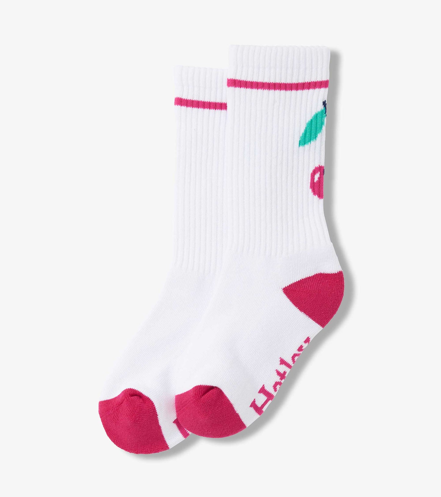White tube socks with pink accents and cherry pattern, suitable for girls aged 2-12.