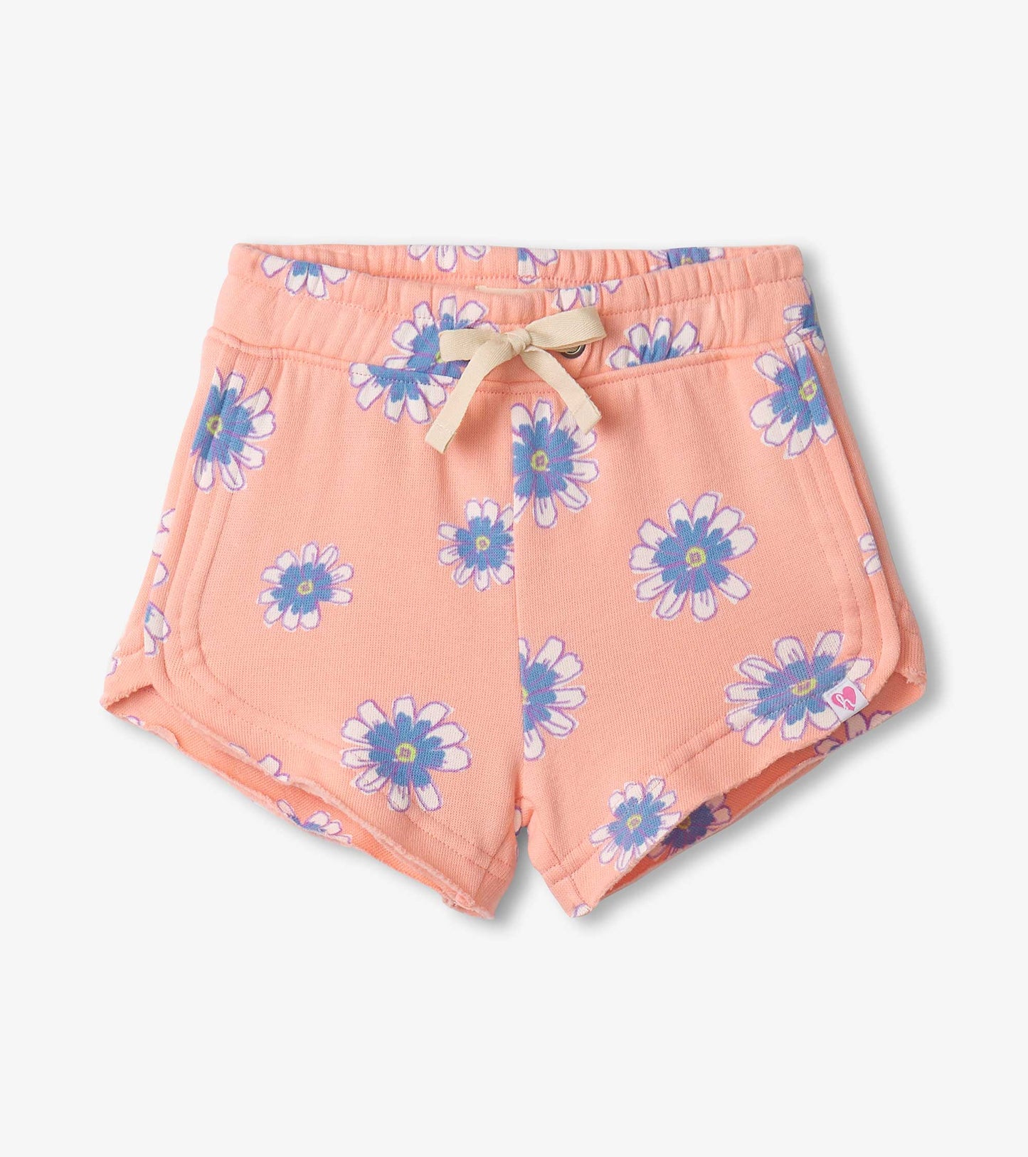 Peach pull-on shorts with a floral pattern, featuring a drawstring waist and side pockets.