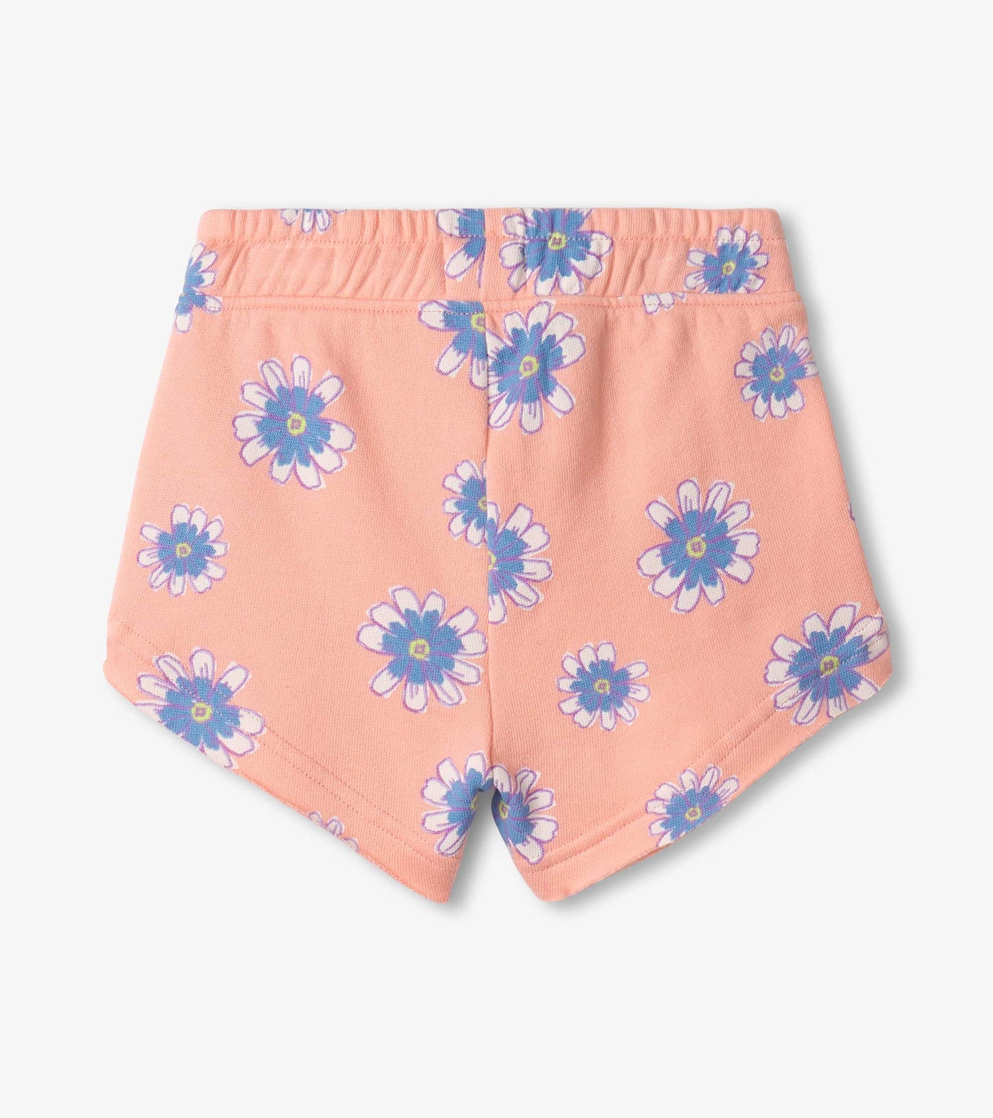 Peach pull-on shorts with a floral pattern featuring blue and white daisies, designed for girls.