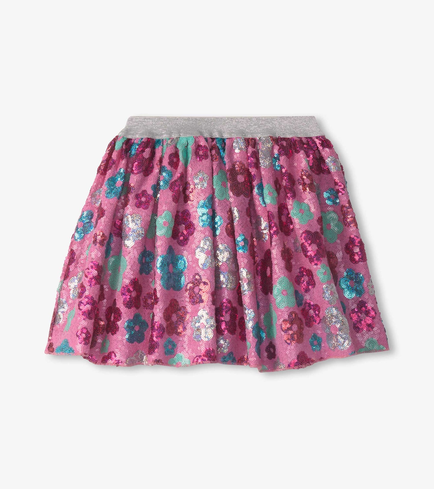 Pink tulle skirt with colorful daisy sequins and a gray elastic waistband, featuring a flared design.