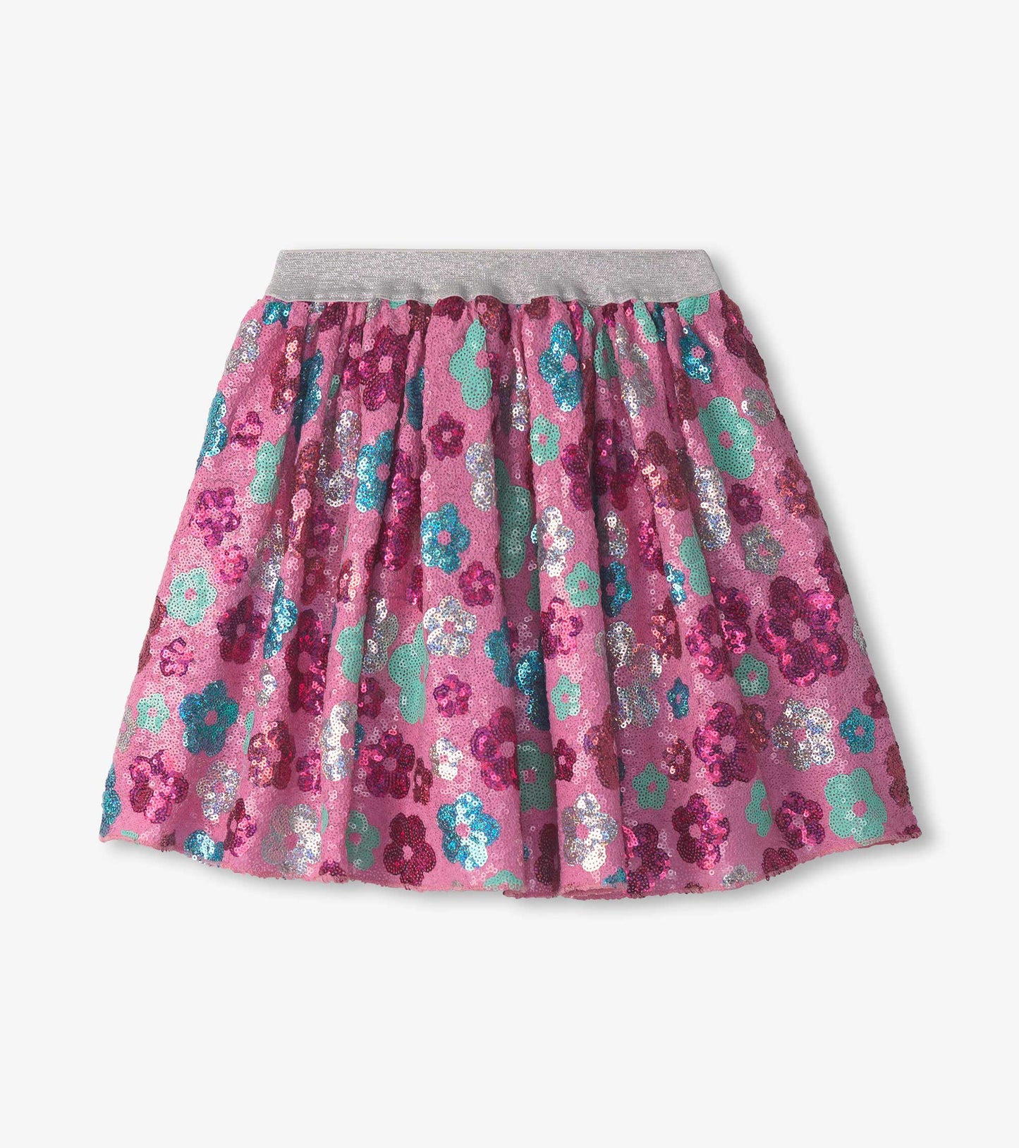 Pink tulle skirt with multicolored daisy sequins and a gray elastic waistband, featuring a flared design.