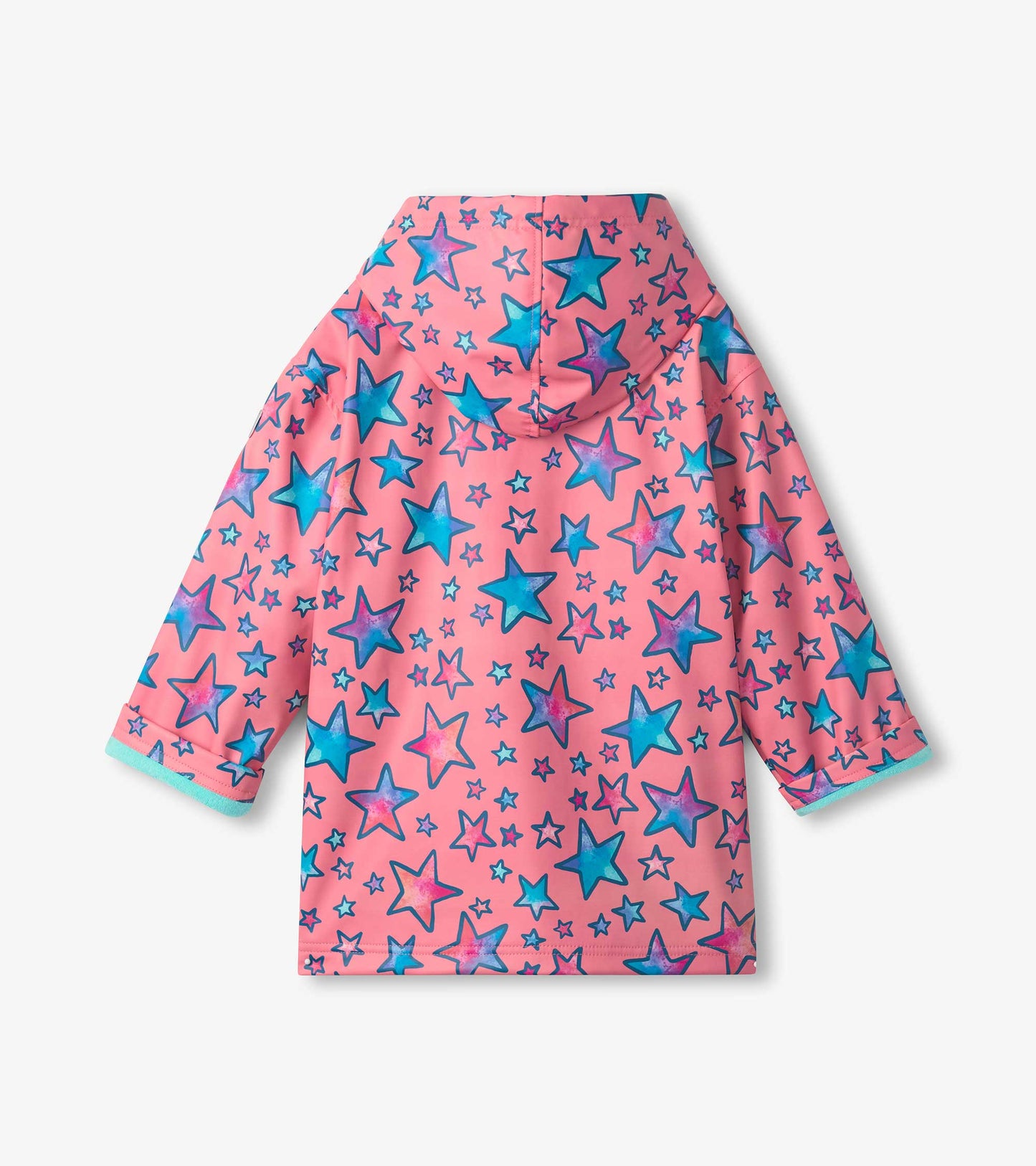 Pink zip-up rain jacket featuring colorful star patterns and a hood, designed for girls.