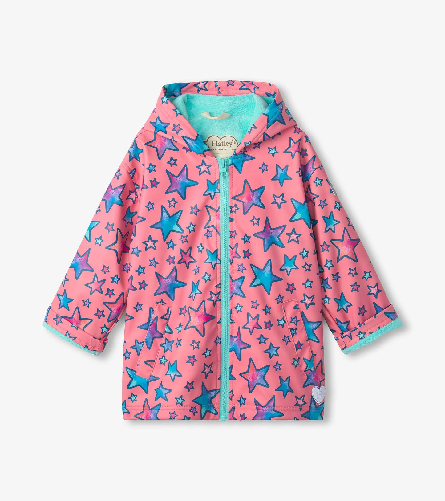 Pink zip-up rain jacket featuring colorful star patterns and a hood, designed for girls.