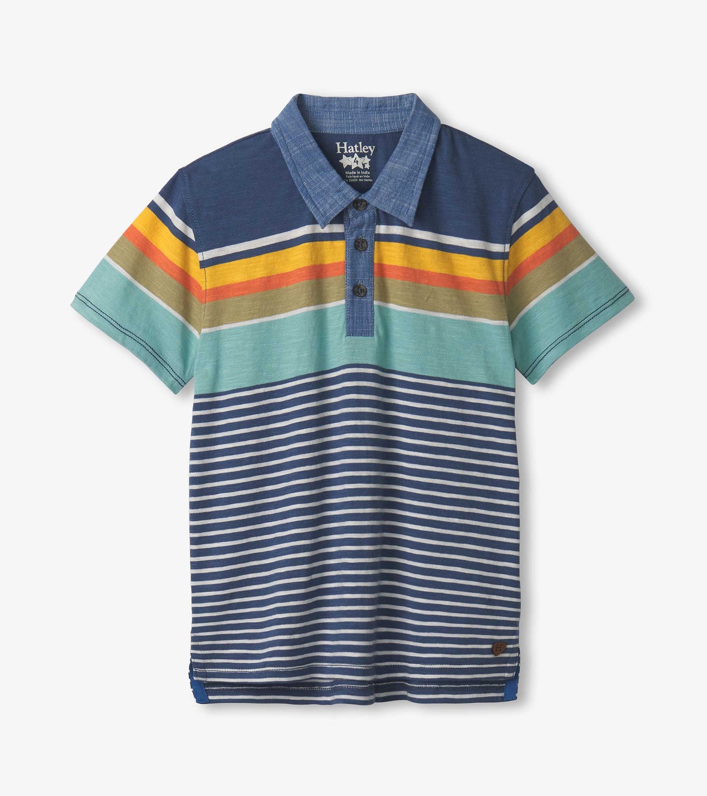 Nautical striped polo tee featuring blue, green, and orange colors with a collared neck and three-button placket.