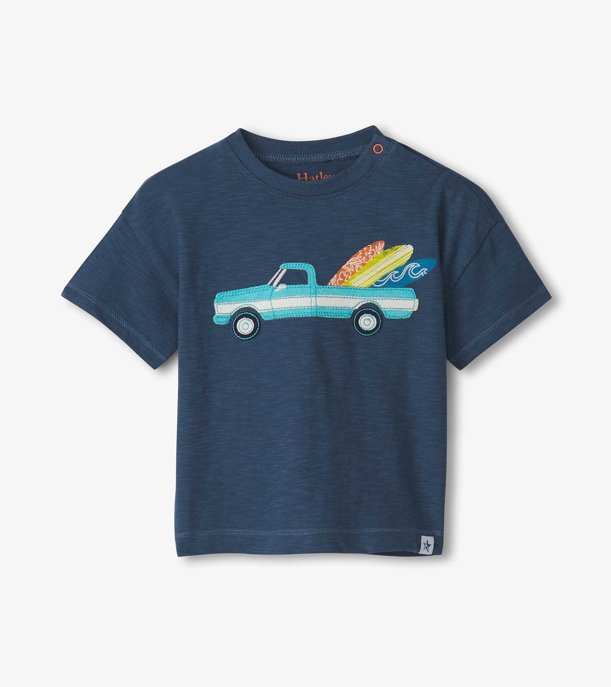 Navy slouchy tee featuring a colorful truck graphic with surfboards, perfect for baby and toddler boys.