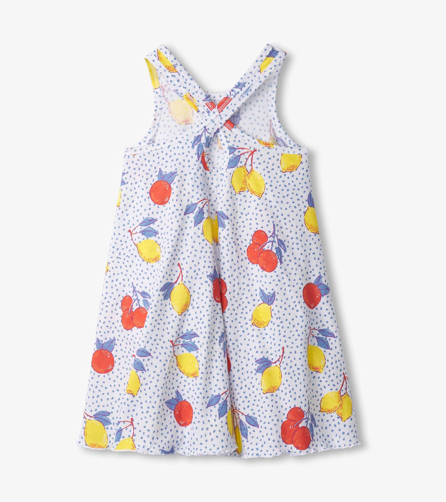 Light blue trapeze dress with a fruit print featuring lemons, cherries, and oranges, designed for girls.