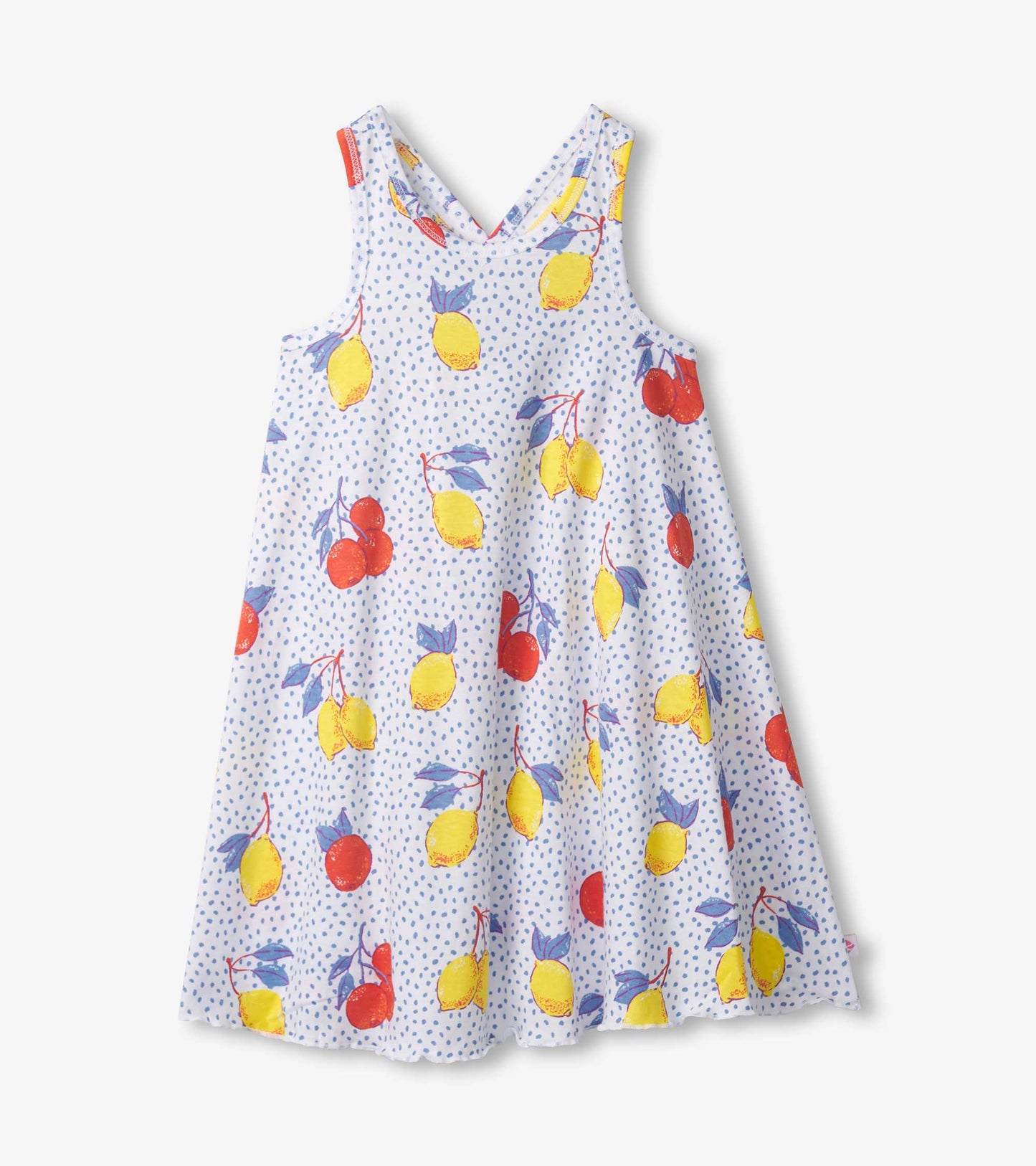 Light blue trapeze dress with yellow lemons and red cherries pattern, featuring a crisscross back design.