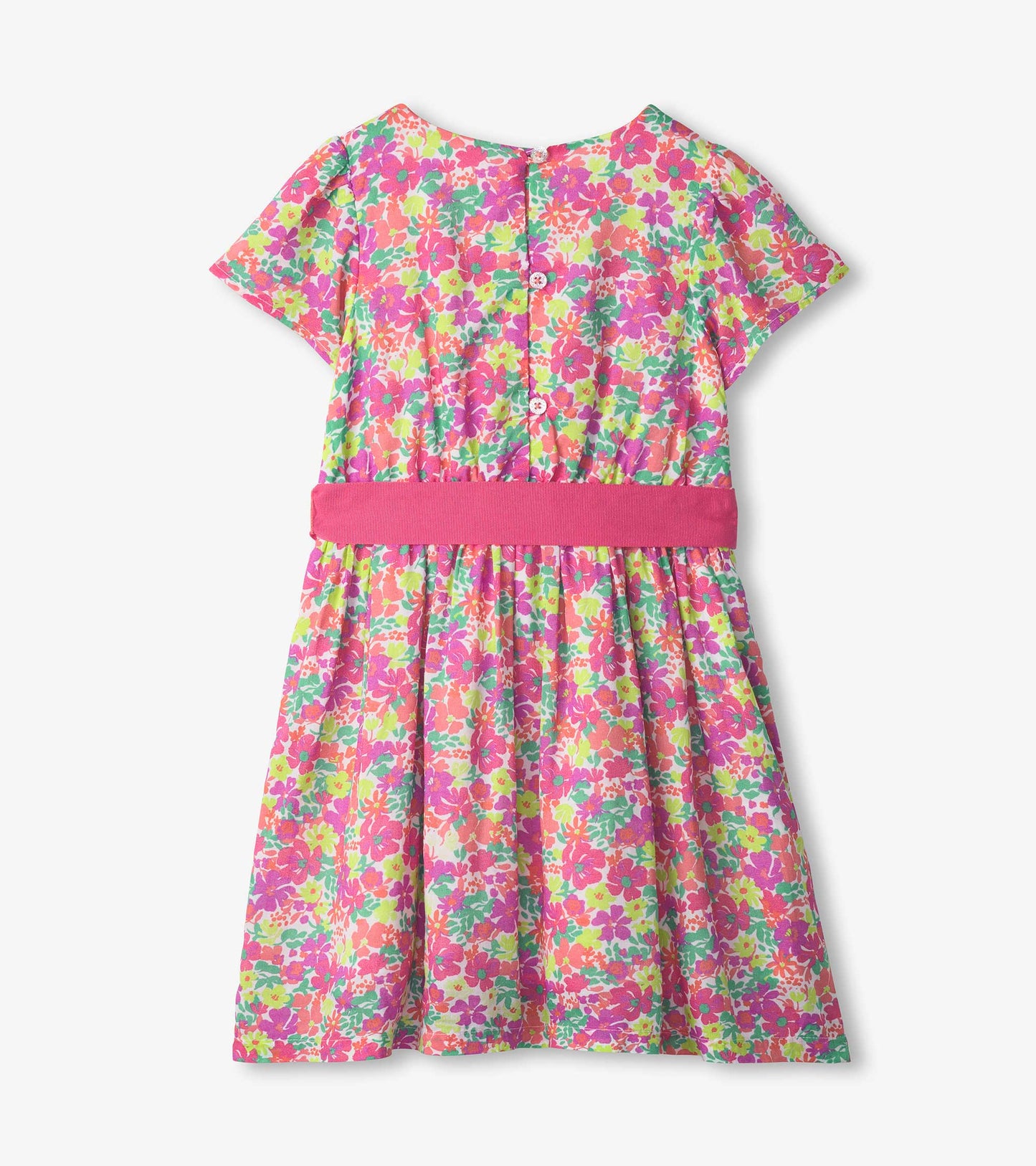 Colorful floral dress with short sleeves, a pink waistband, and button closure at the back. Suitable for casual wear.