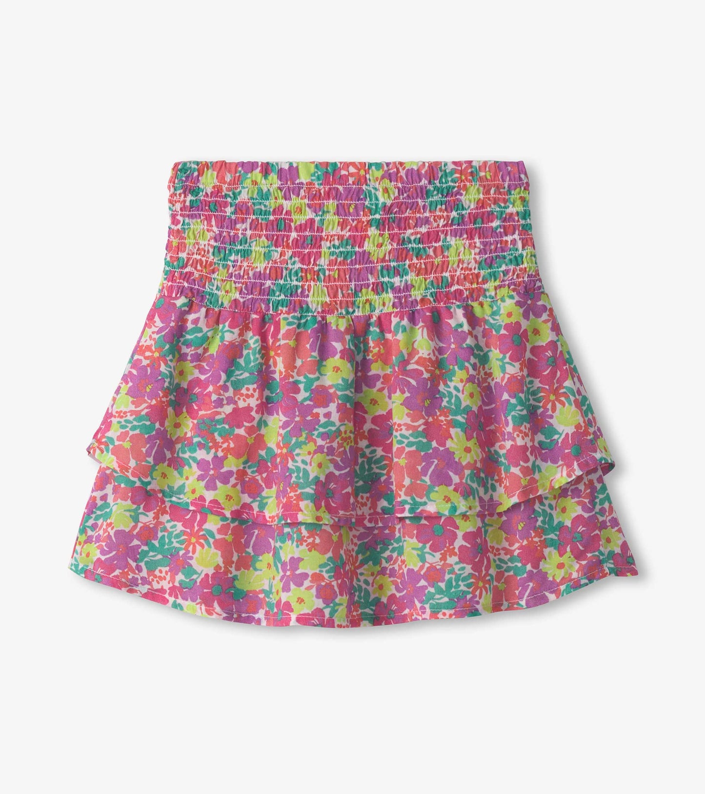 Colorful floral smocked skirt featuring a tiered design with shades of pink, green, and yellow.