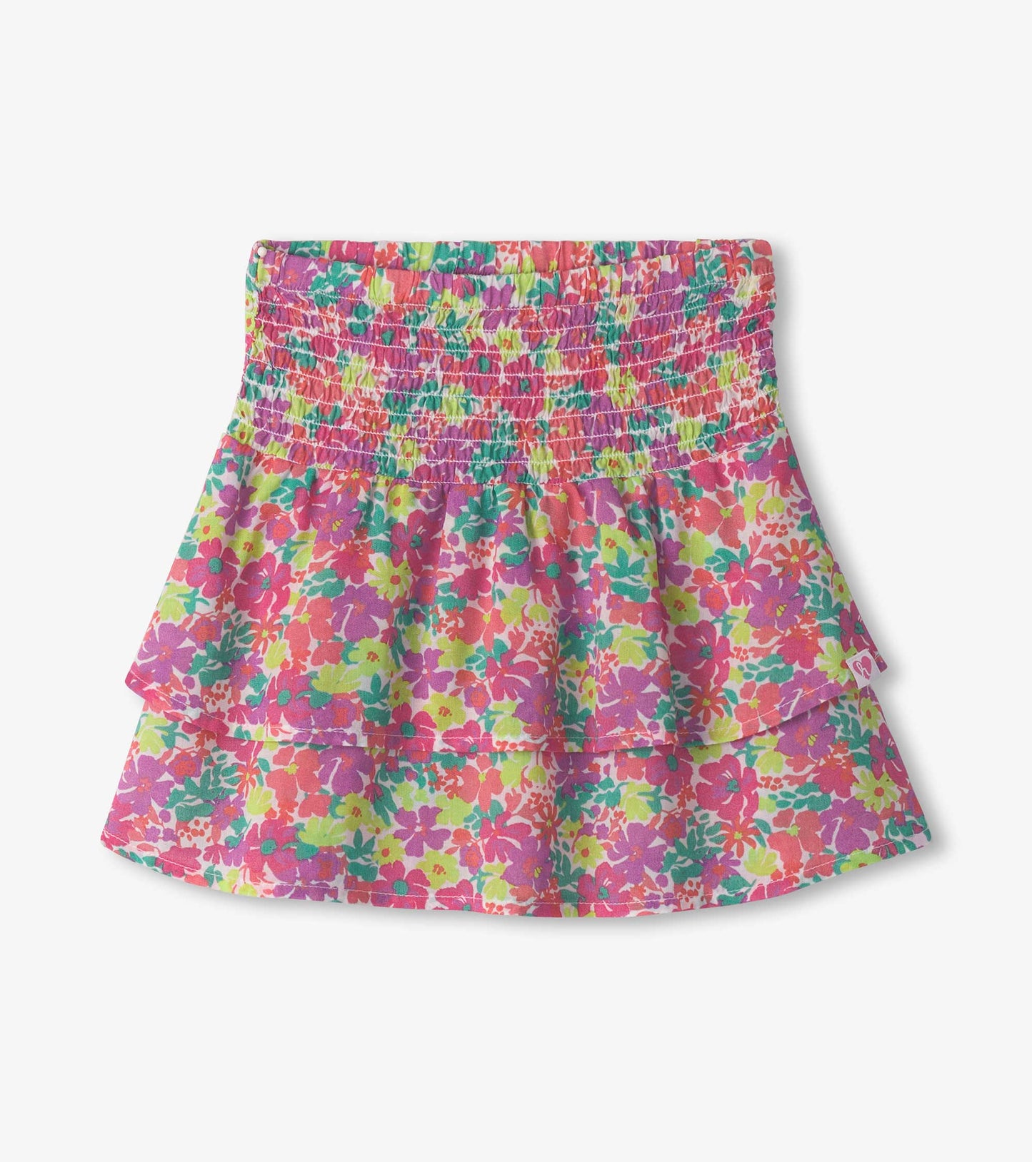 Colorful floral smocked skirt featuring a tiered design in pink, green, and yellow hues. Ideal for casual wear.