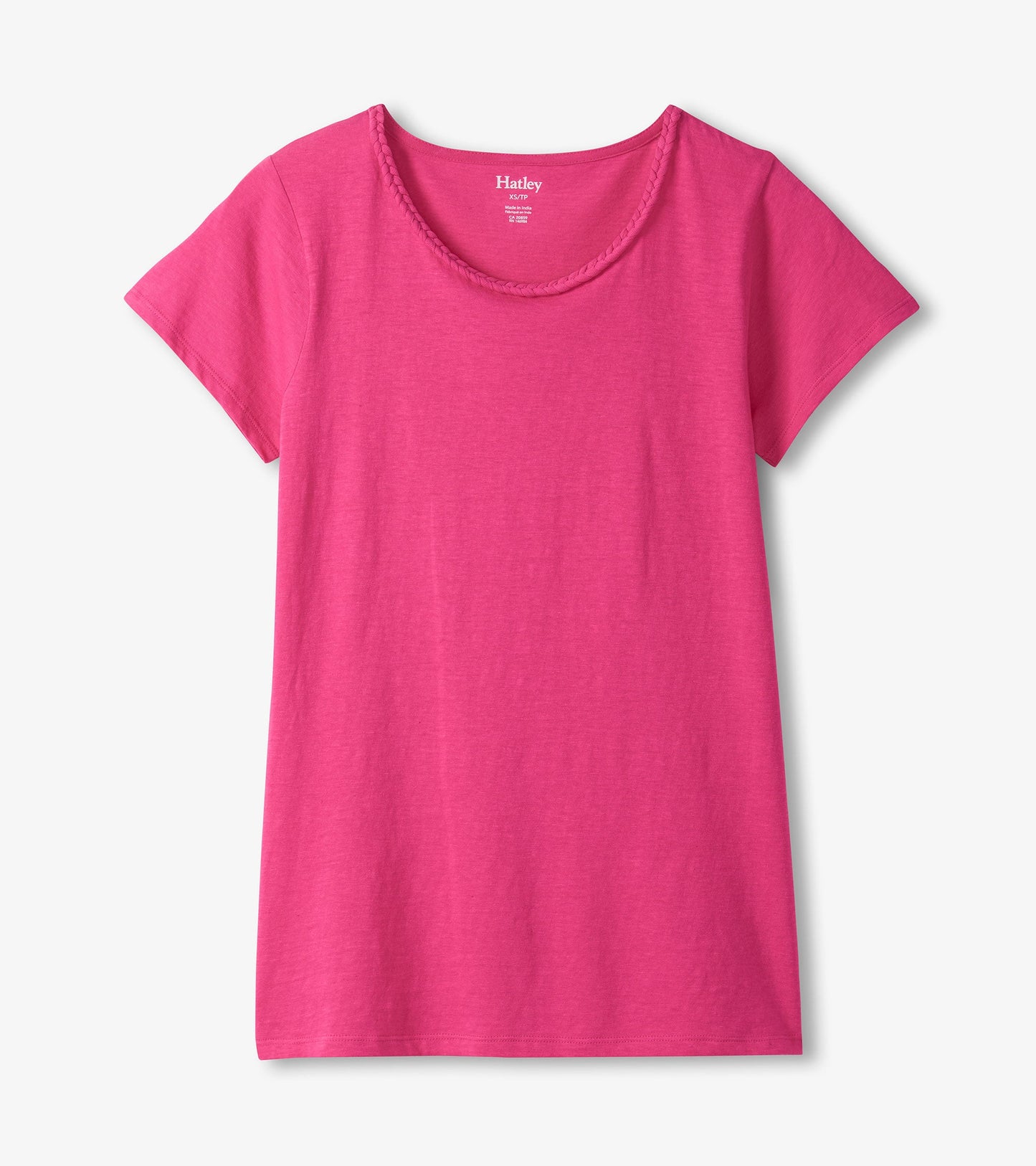 Fuschia braided neck tee with short sleeves and a relaxed fit, made from soft fabric.