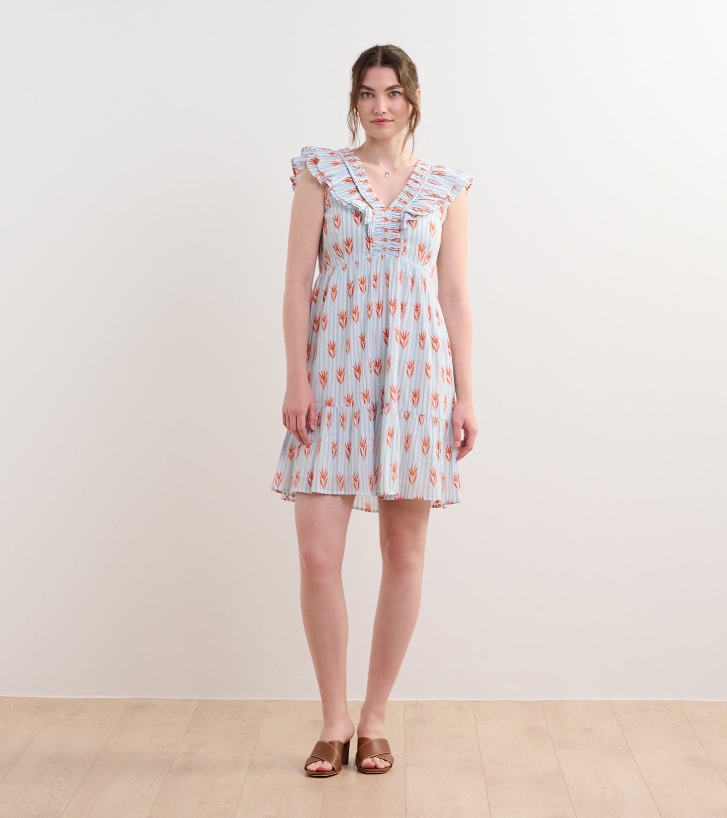 Robe à mancherons volantés Zoe – Fleurs sur rayures