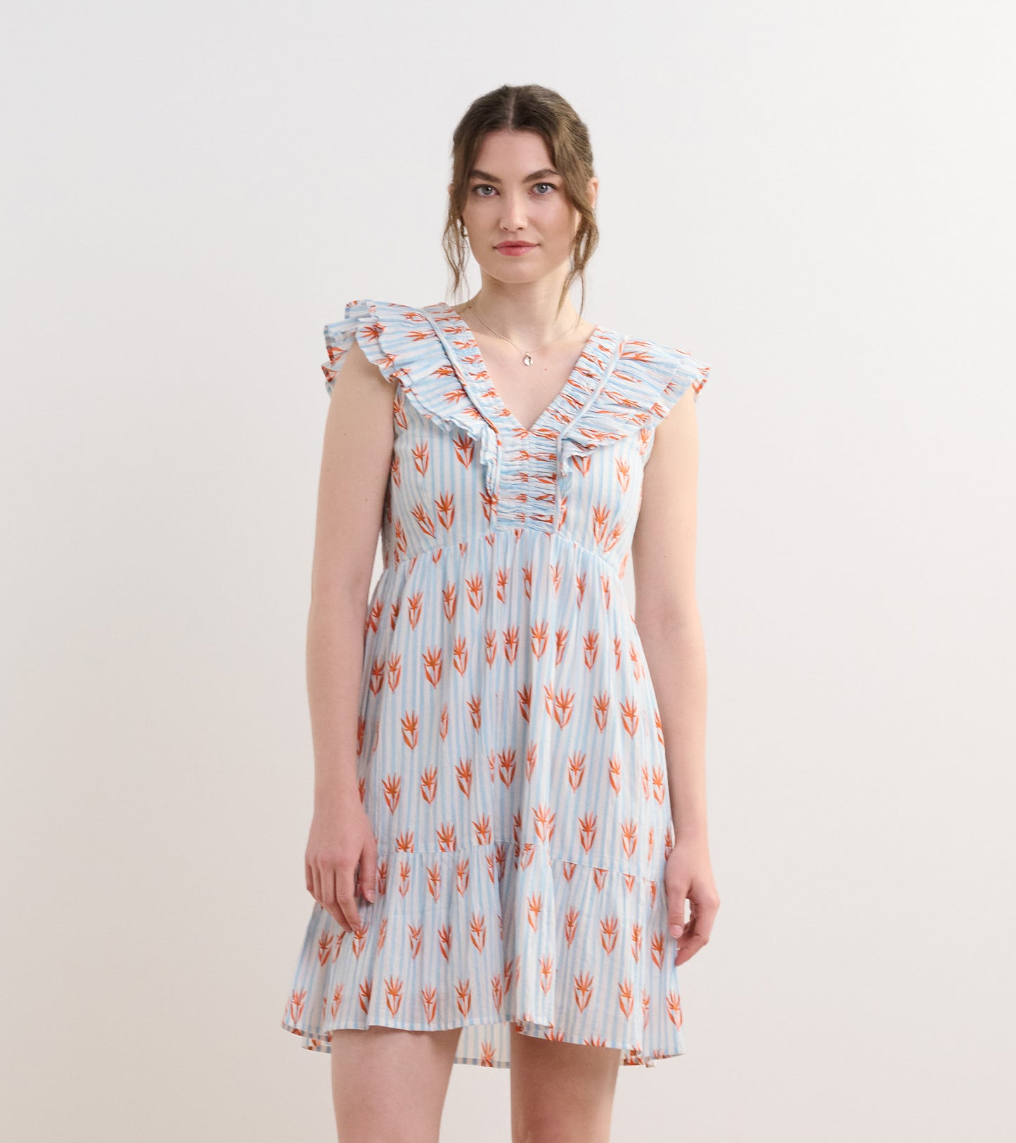 Robe à mancherons volantés Zoe – Fleurs sur rayures