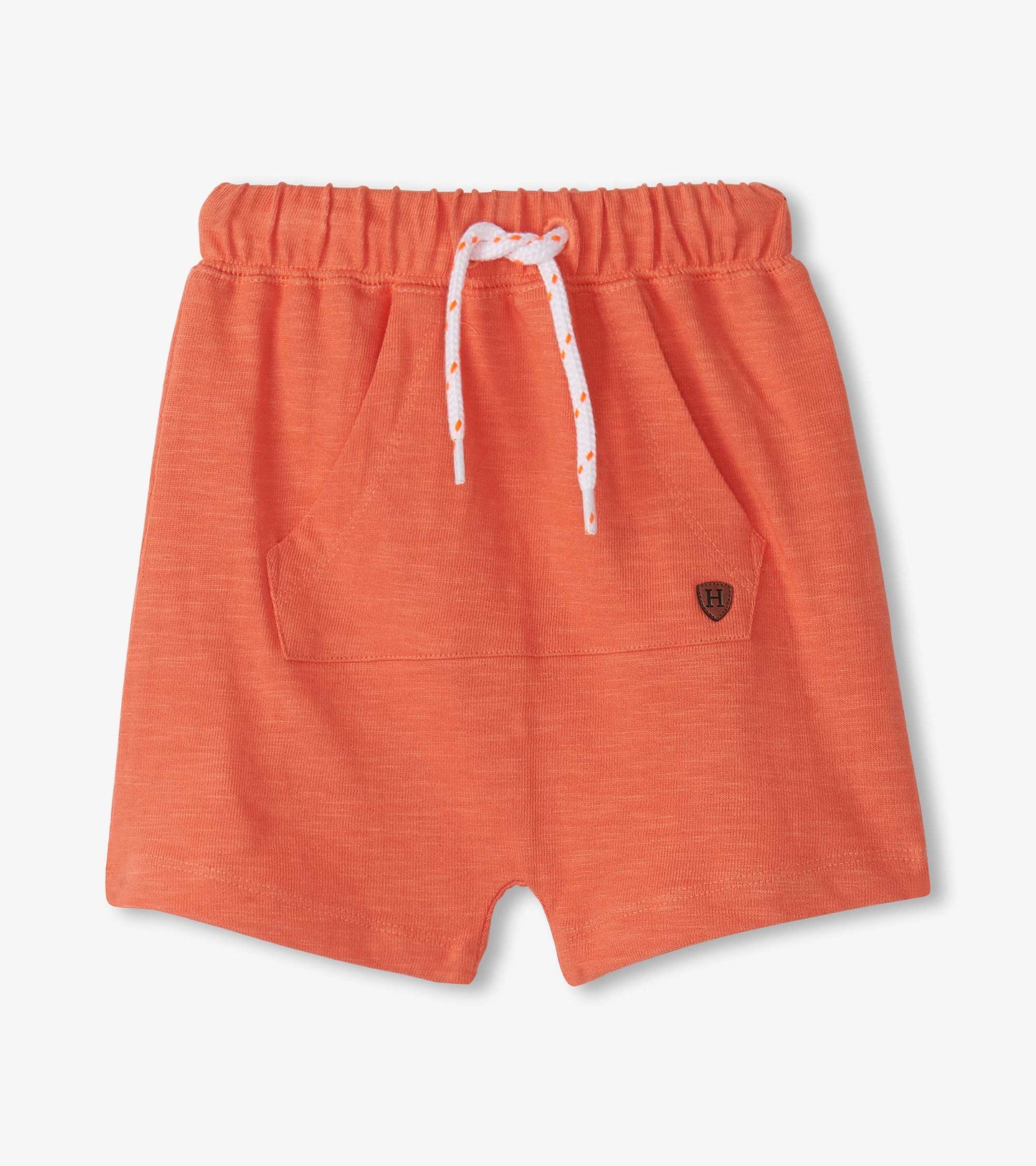 Coral shorts with an elastic waistband, drawstring, and front pocket, designed for baby and toddler girls.