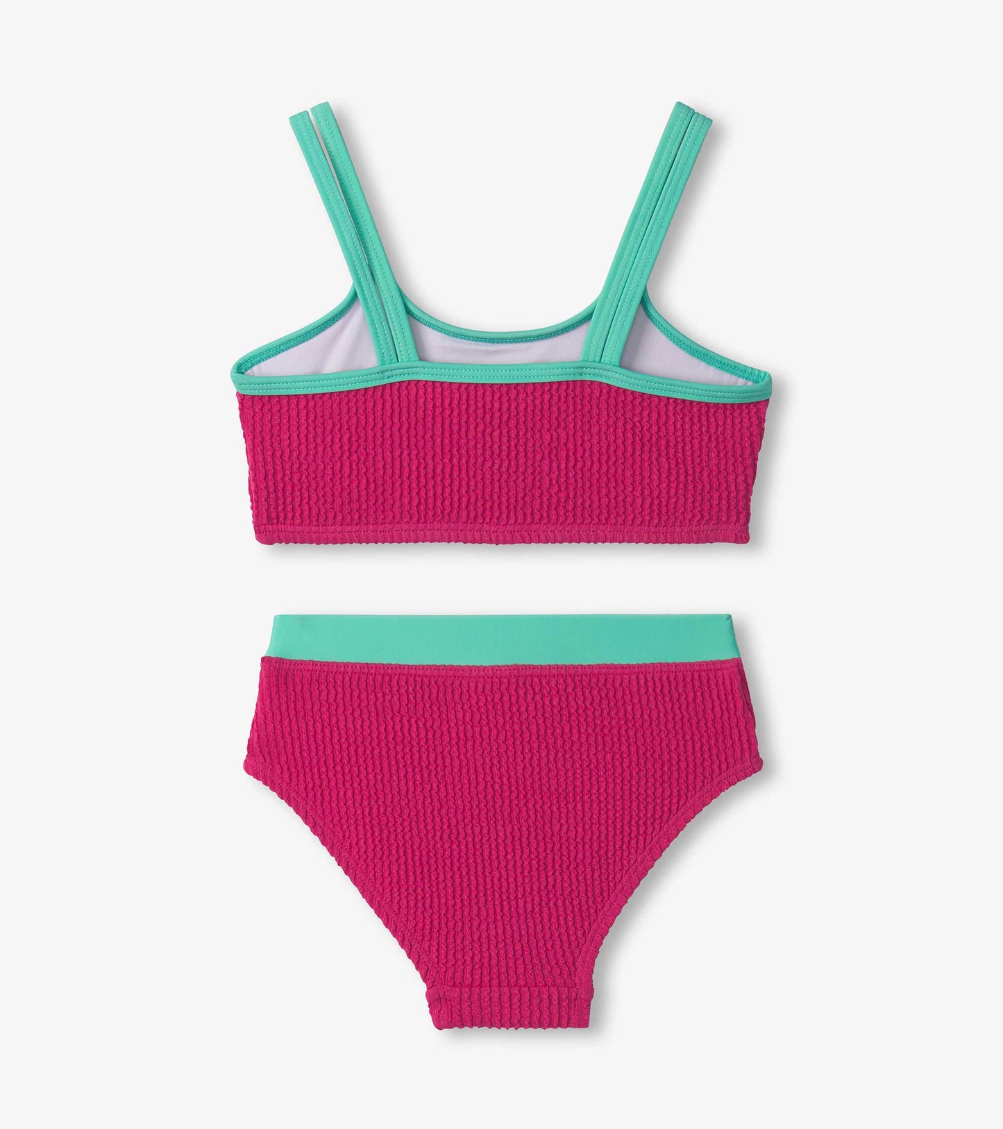 Fuchsia purple bikini set with textured fabric, featuring a cropped top and matching high-waisted bottoms with teal accents.