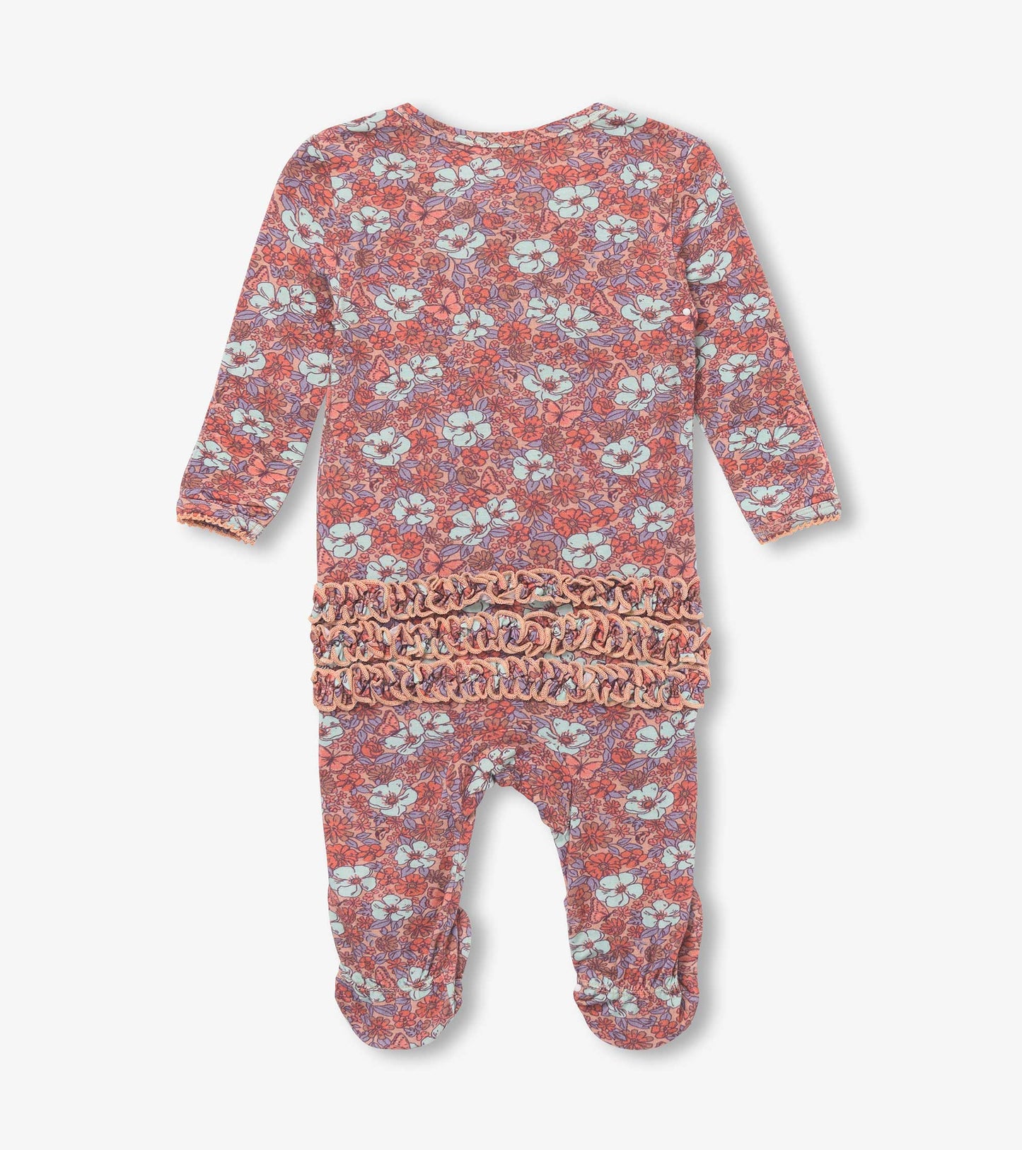 Pink footed sleeper with groovy floral pattern and ruffled detailing at the back, suitable for baby girls.