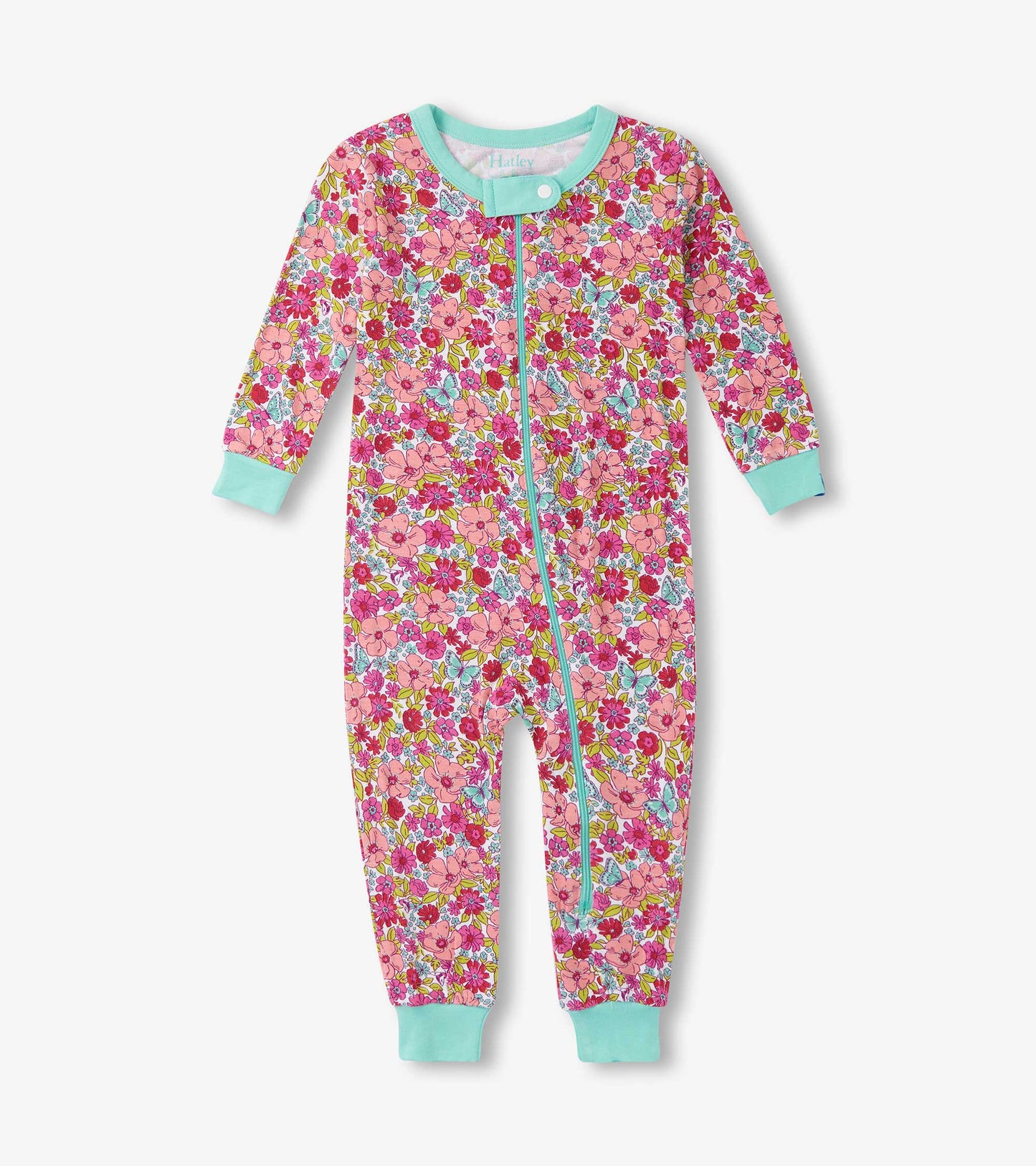 Pink floral sleeper with long sleeves, turquoise cuffs, and a front zipper, suitable for baby girls.