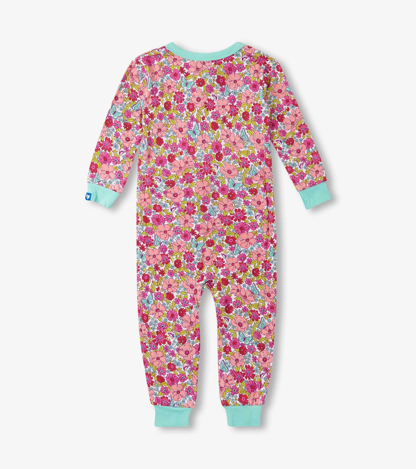 Colorful floral-patterned sleeper with long sleeves and mint green cuffs, suitable for baby girls.