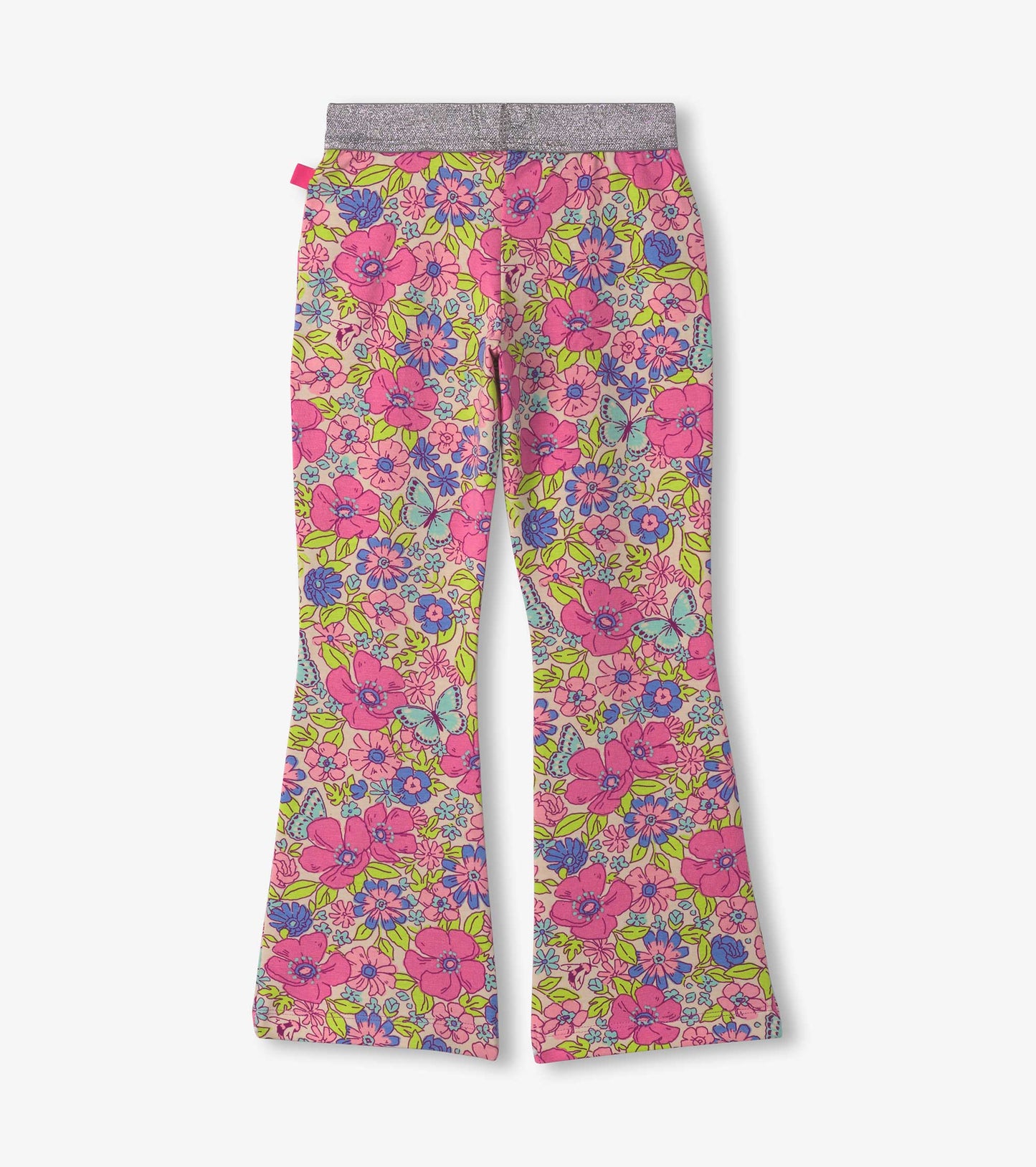 Colorful bell-bottom pants featuring a vibrant floral pattern in pink, purple, and green with a stretchy waistband.
