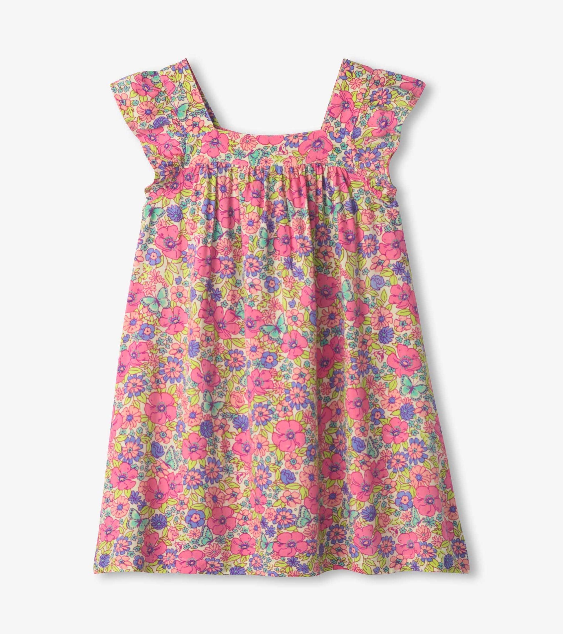 Pink floral dress with flutter sleeves and gathered bodice, perfect for casual wear.
