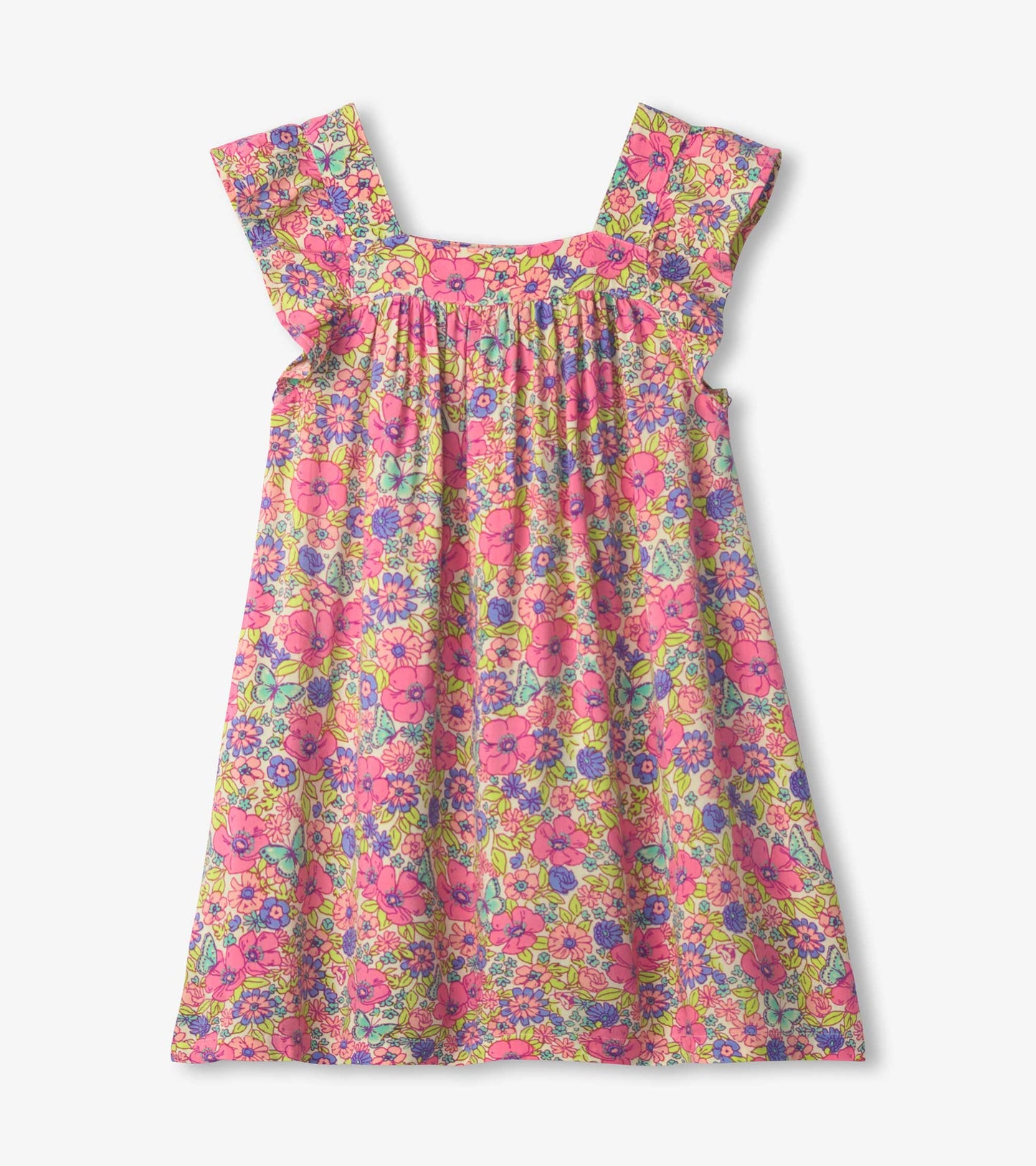 Pink floral dress with flutter sleeves and gathered bodice, perfect for casual wear.