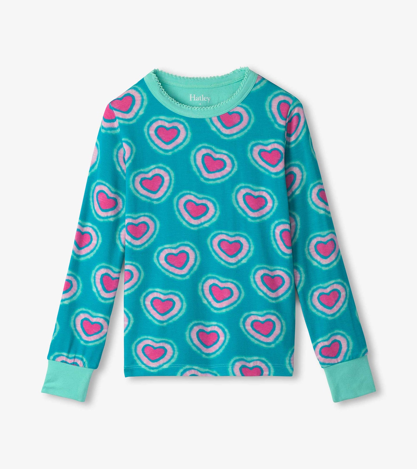 Turquoise long-sleeve pajama top featuring a playful heart pattern in pink and white. Soft bamboo fabric for comfort.