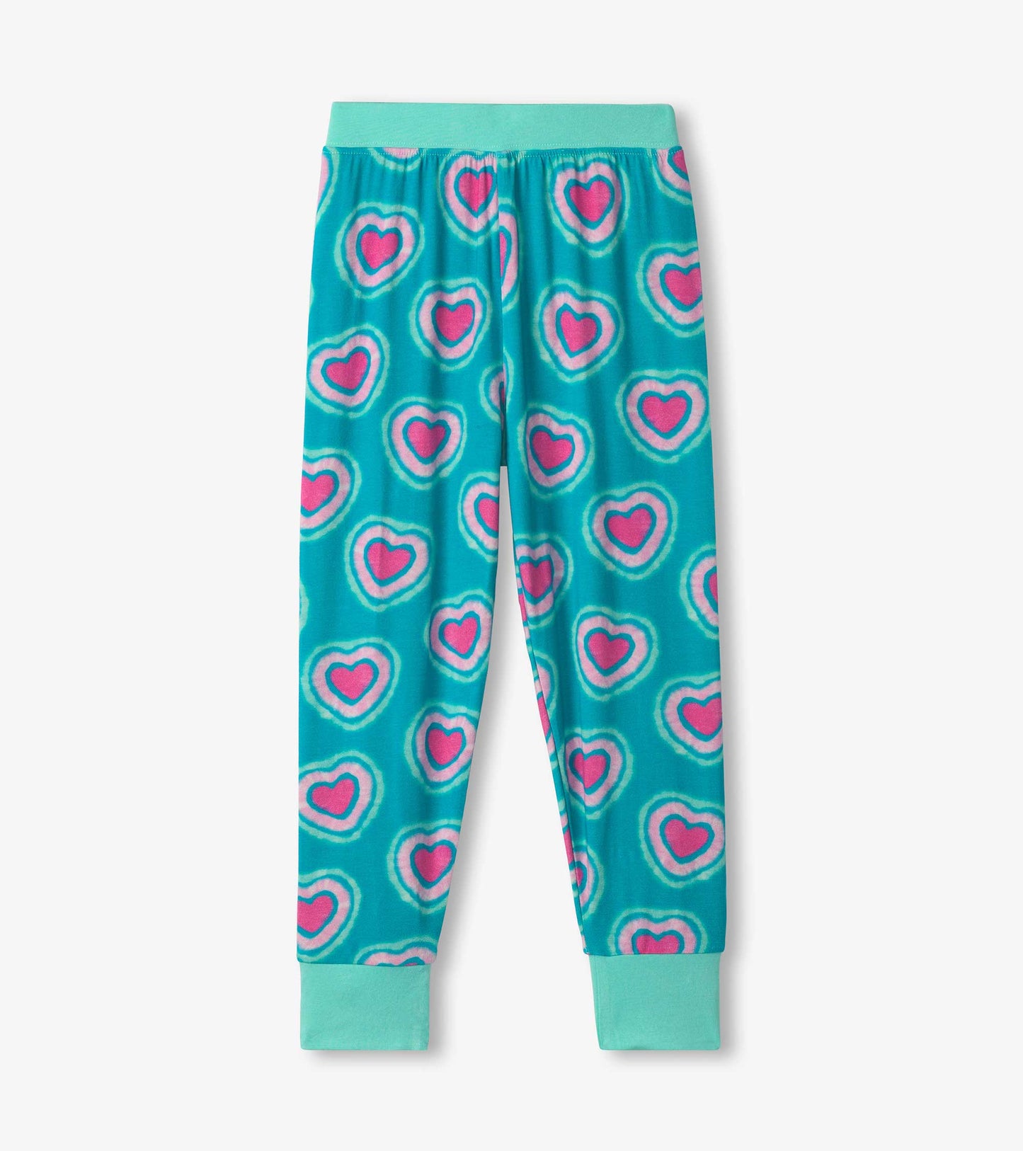 Turquoise pajama pants featuring a playful pattern of pink hearts with a soft, elastic waistband and cuffs.