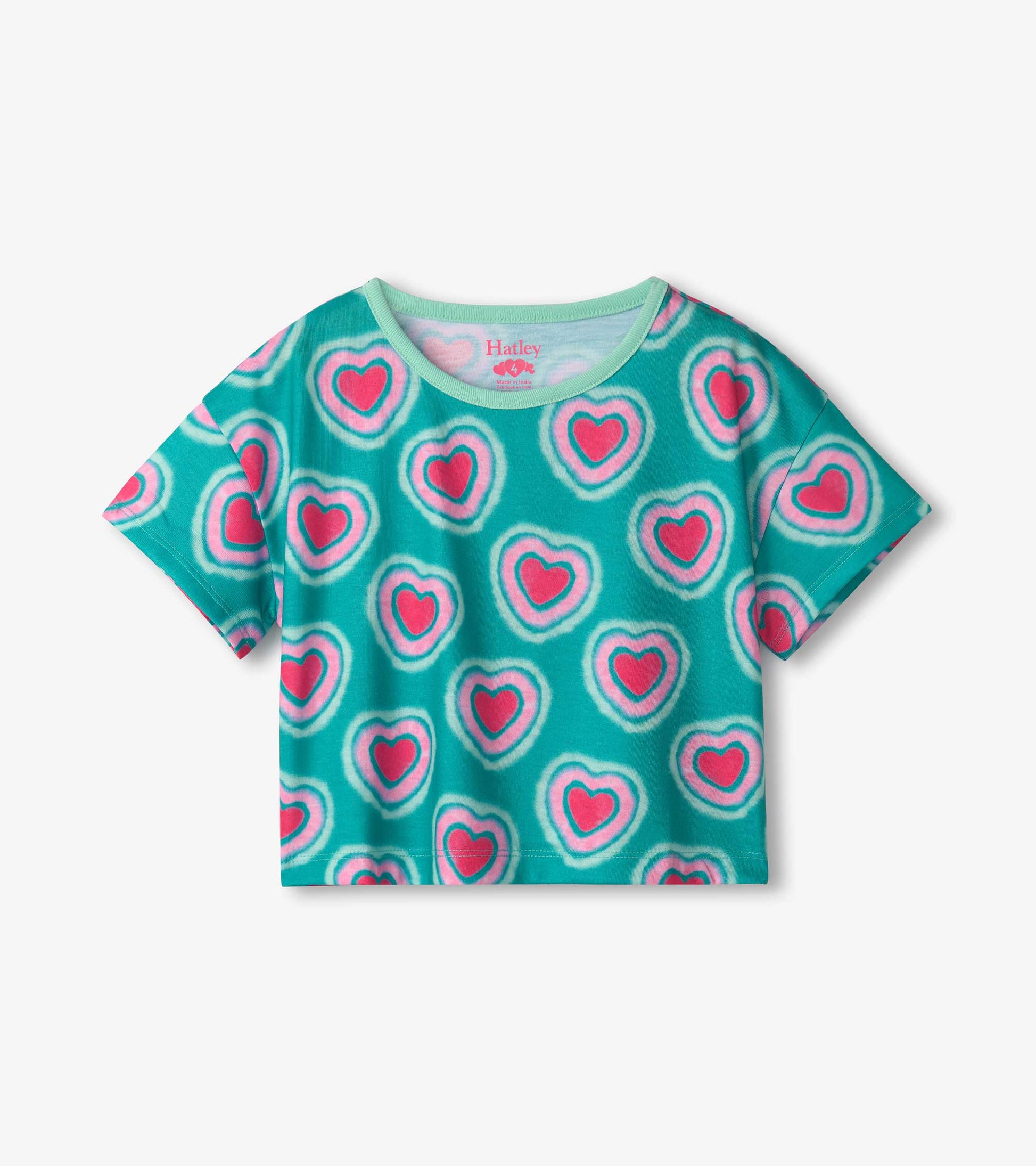 Turquoise short-sleeve tee featuring a playful heart pattern in pink and white, perfect for girls' sleepwear.
