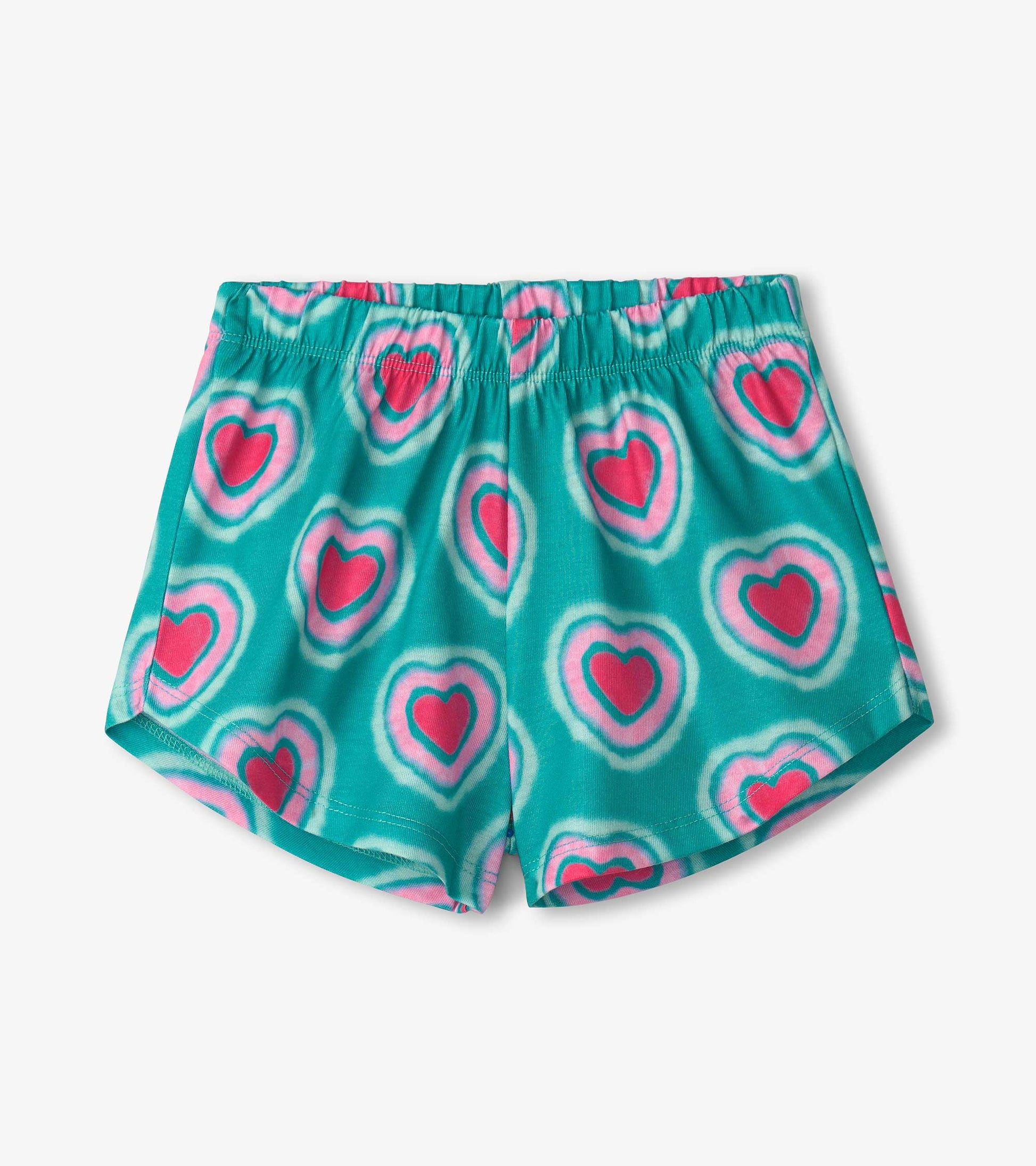 Turquoise shorts featuring a colorful heart pattern in pink and white, with an elastic waistband for comfort.