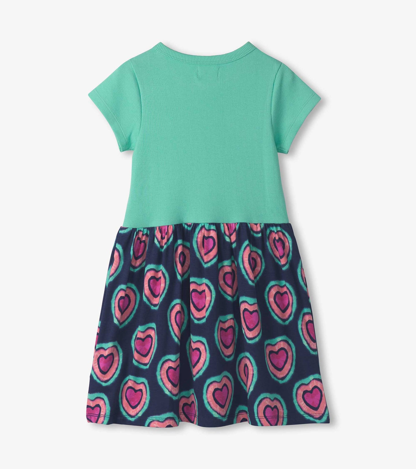 Short-sleeve dress featuring a teal top and a navy skirt with colorful heart patterns.