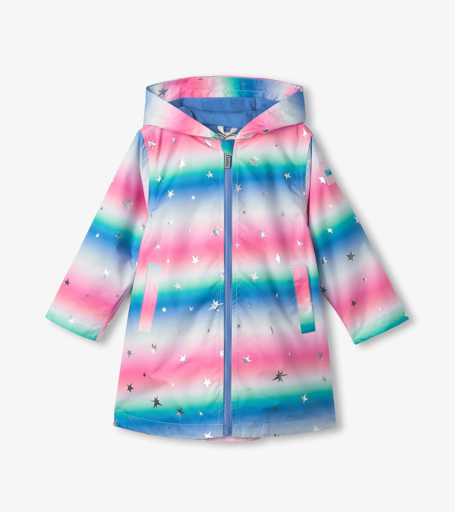 A-line swing jacket featuring a colorful gradient pattern with silver glitter stars and a hood.