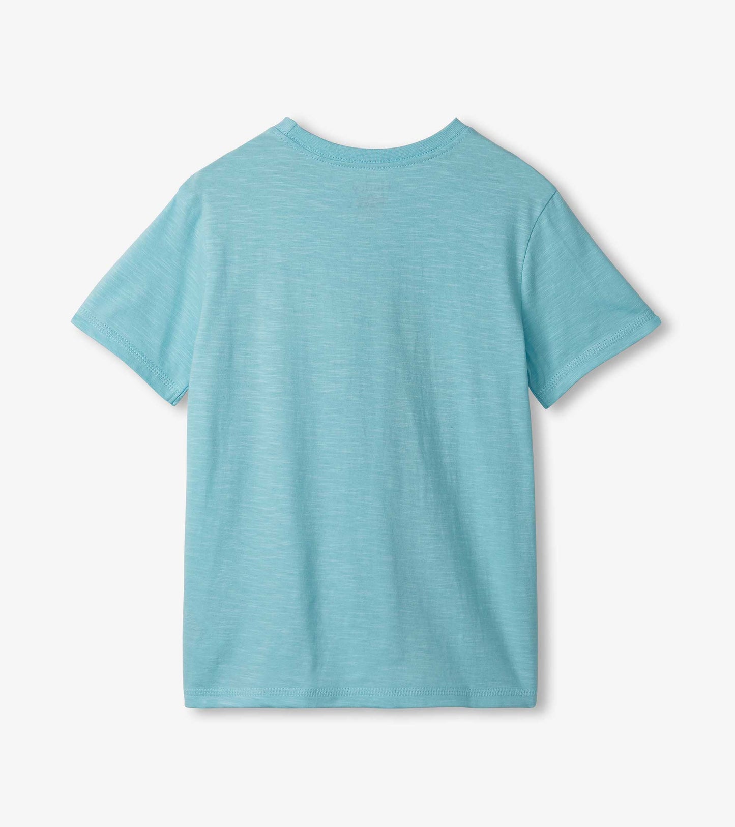 Light blue short-sleeve graphic tee with a soft texture, featuring a round neckline and a relaxed fit.