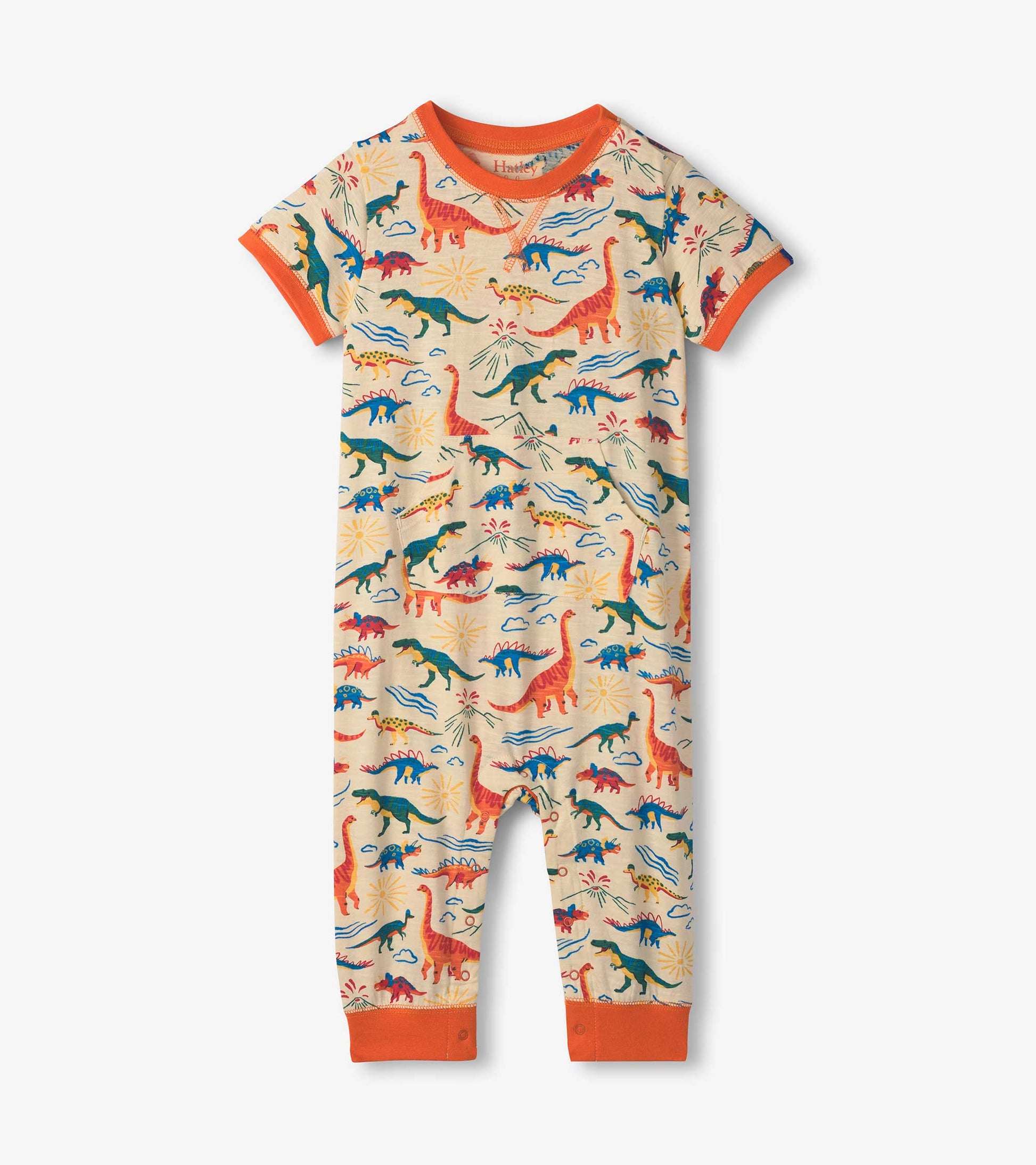 Beige jersey romper featuring colorful dinosaur prints and orange trim, suitable for baby and toddler boys.