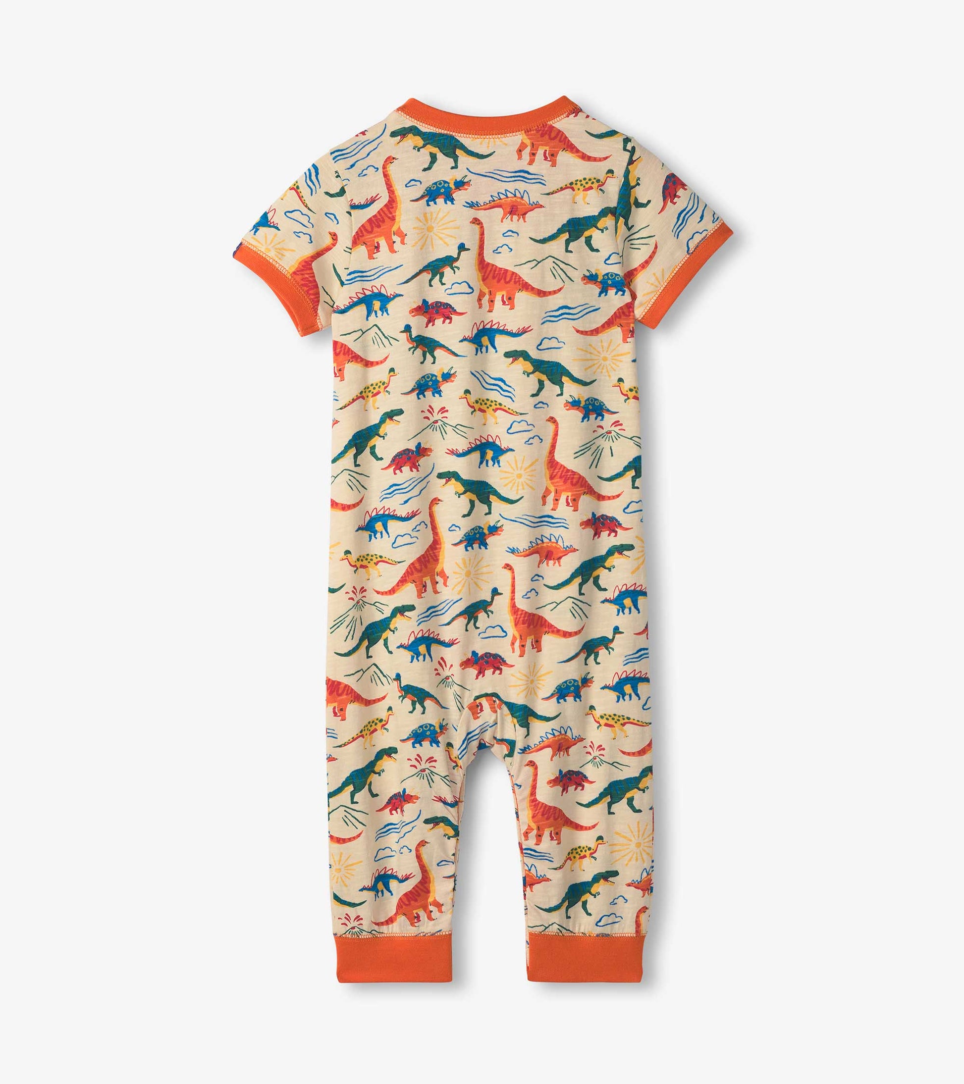 Beige jersey romper featuring colorful dinosaur prints and orange trim, suitable for baby and toddler boys.