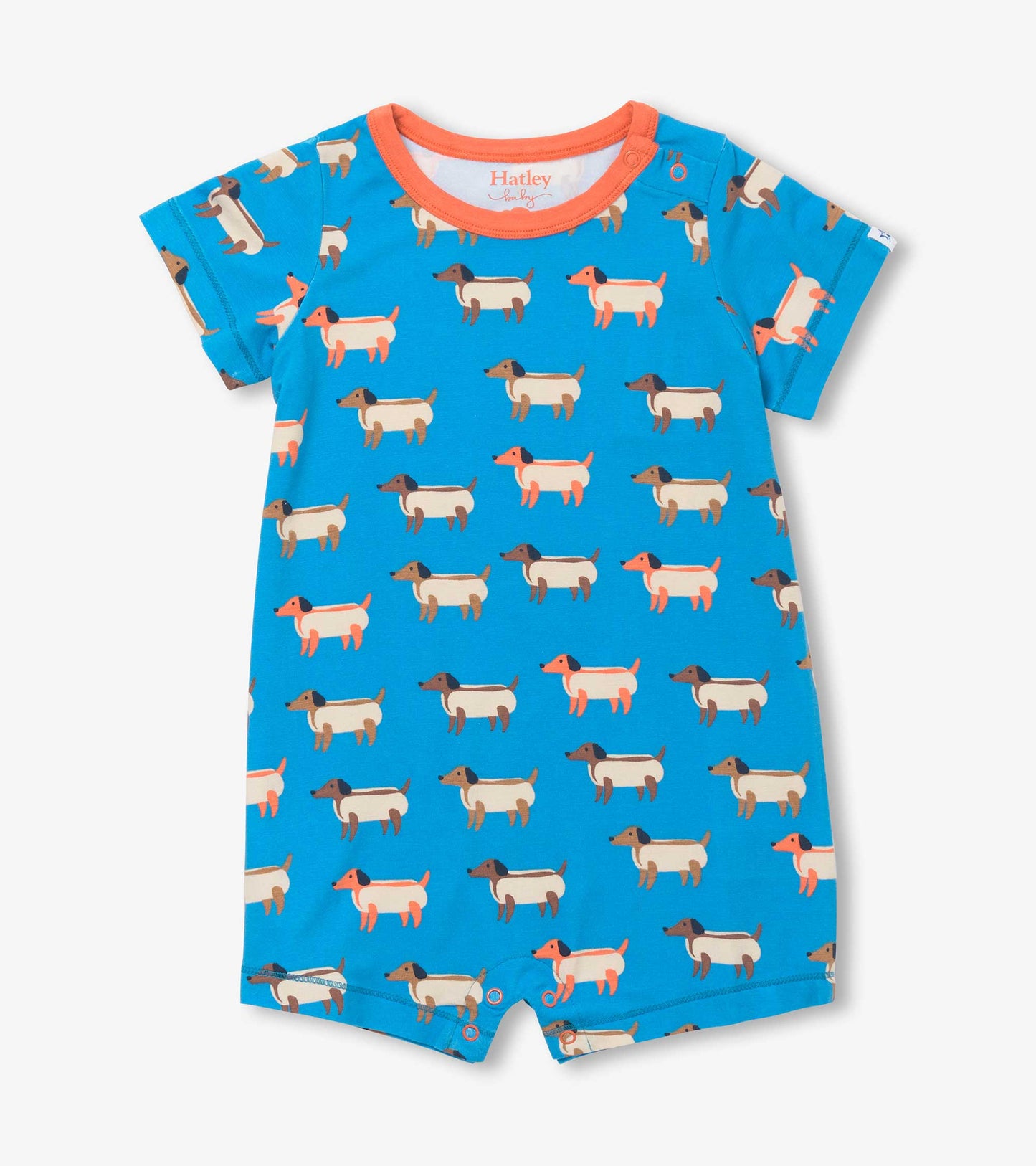 Blue bamboo romper featuring a playful hot dog pattern, short sleeves, and snap closures at the bottom for easy dressing.