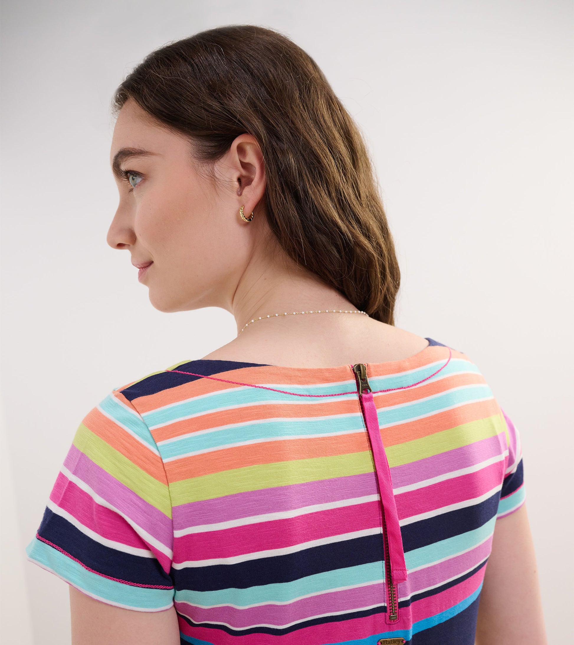 Colorful striped dress featuring a back zipper and short sleeves, shown from the side.