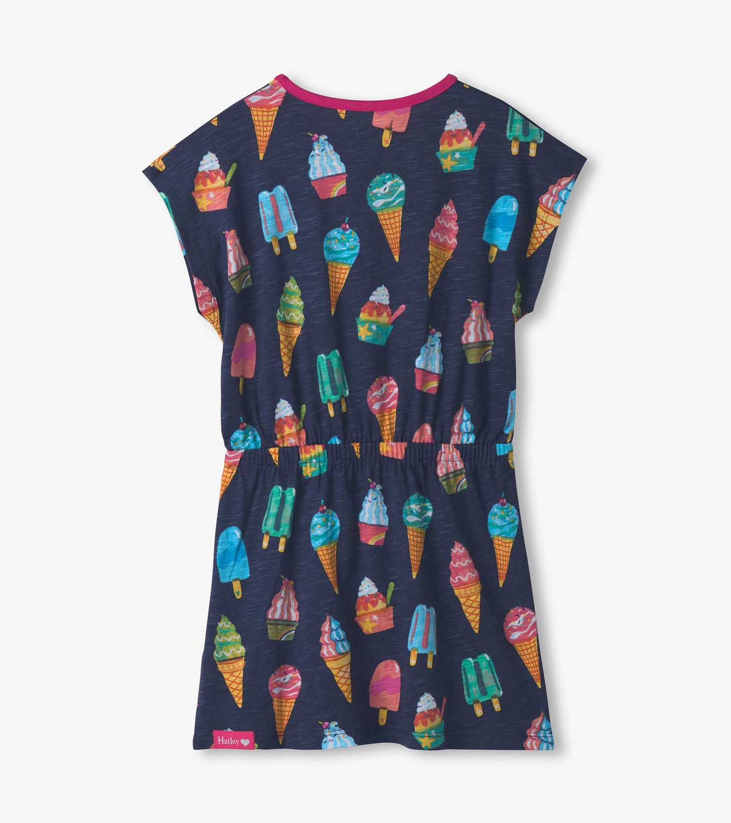 Navy dress featuring colorful ice cream cone and popsicle patterns, with a relaxed fit and elastic waist.