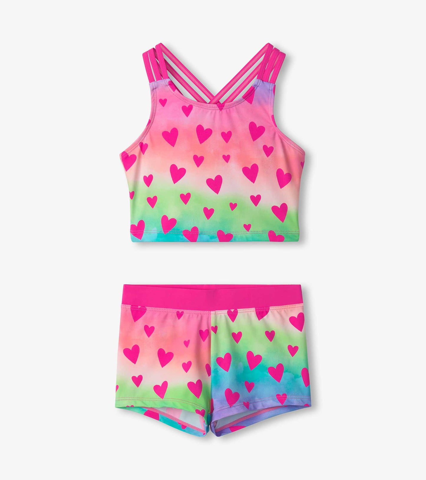 Two-piece short swimsuit featuring a colorful gradient with pink hearts, designed for girls.
