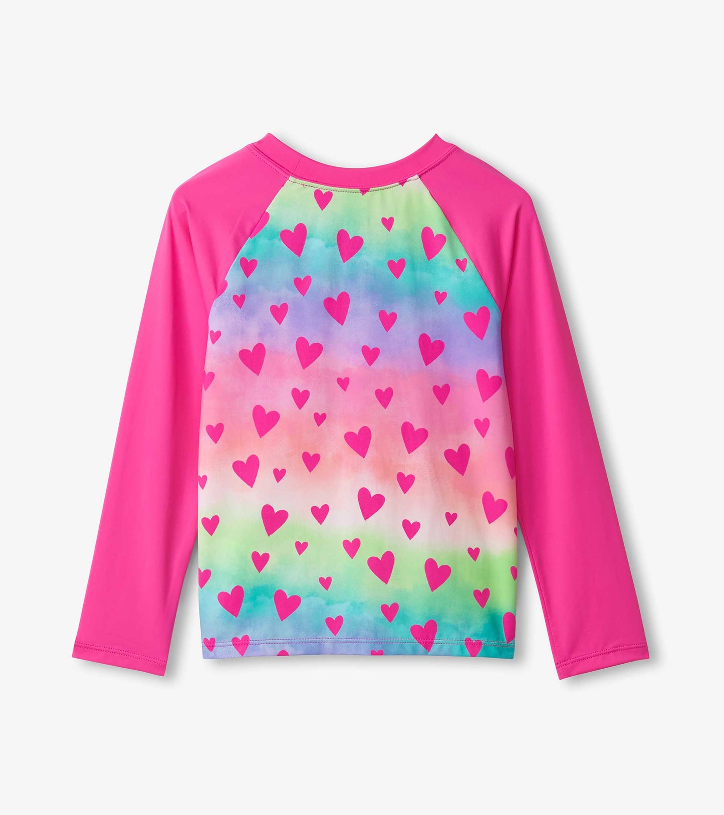 Long sleeve rashguard featuring a colorful gradient background with pink hearts and bright pink sleeves.
