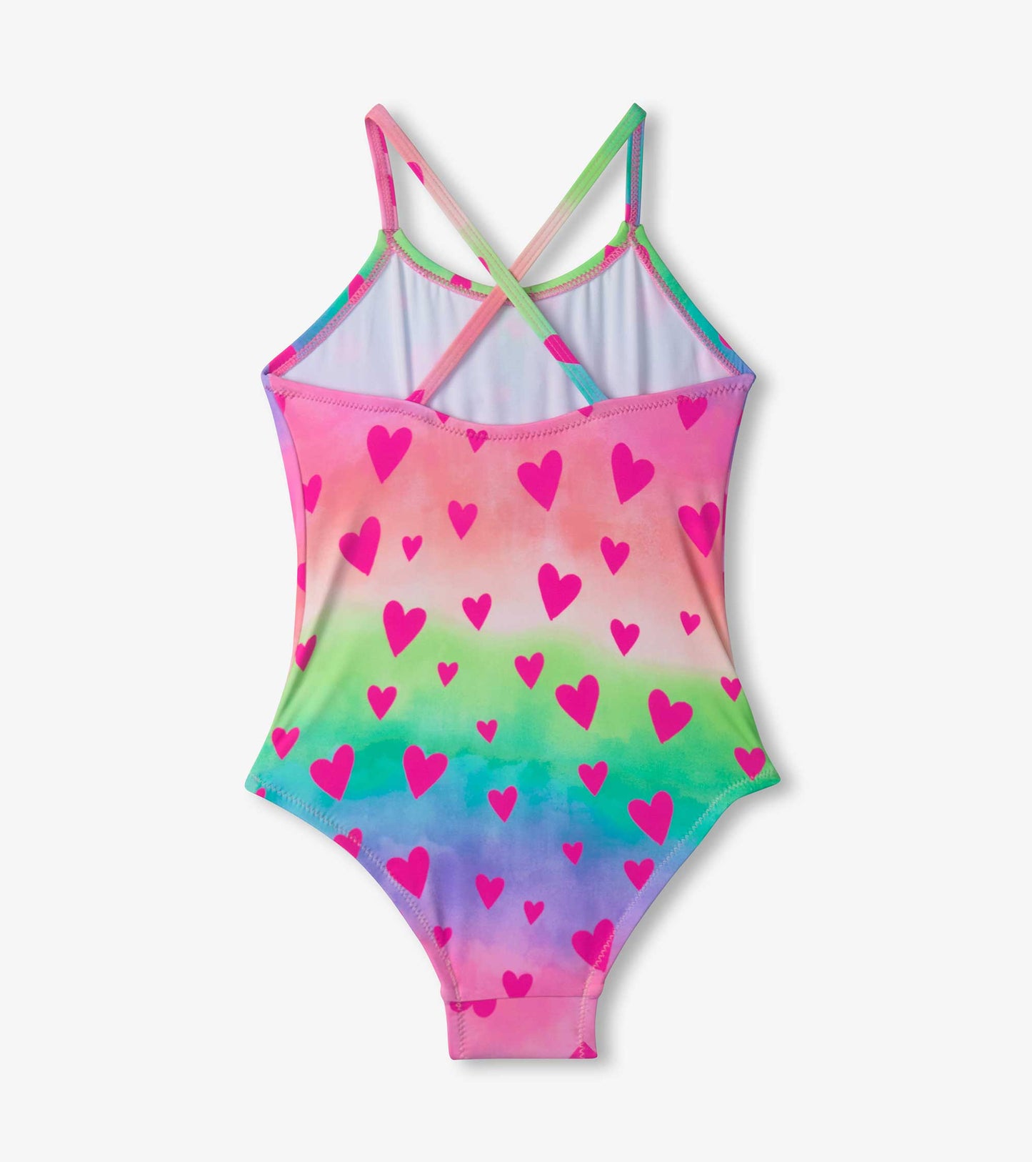 Multicolored swimsuit featuring a ruched front and a heart pattern, with crisscross straps at the back.