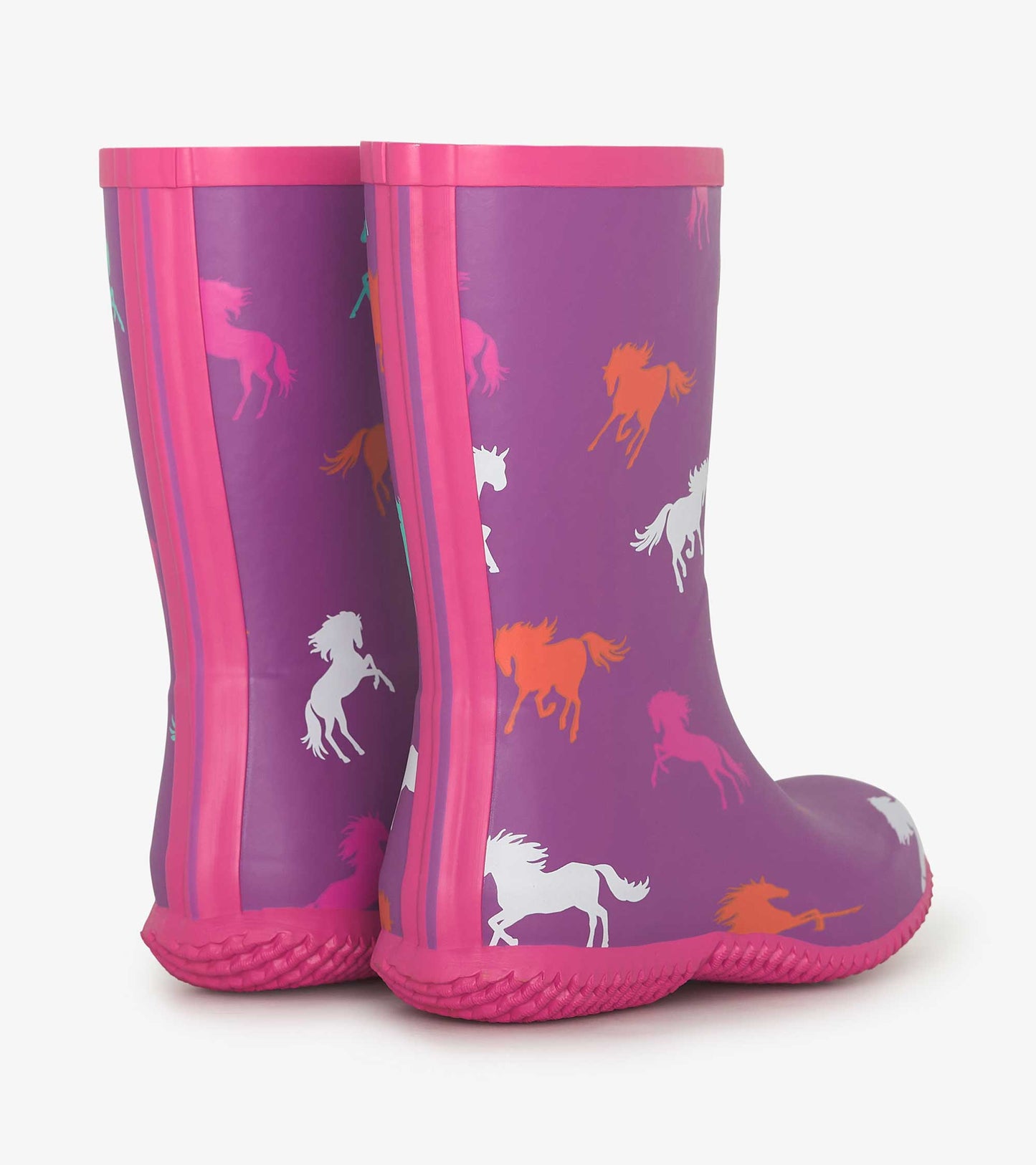 Purple rain boots with colorful leaping horse patterns and pink accents, designed for kids.