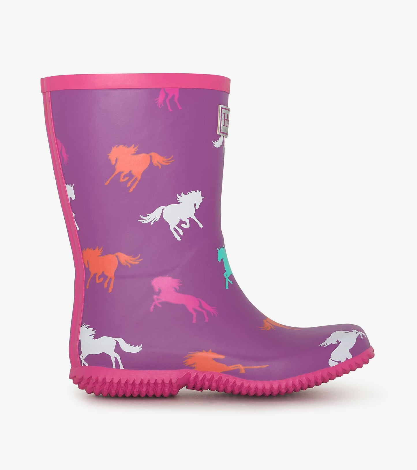 Purple rain boots with colorful leaping horse patterns and a pink trim, designed for kids.
