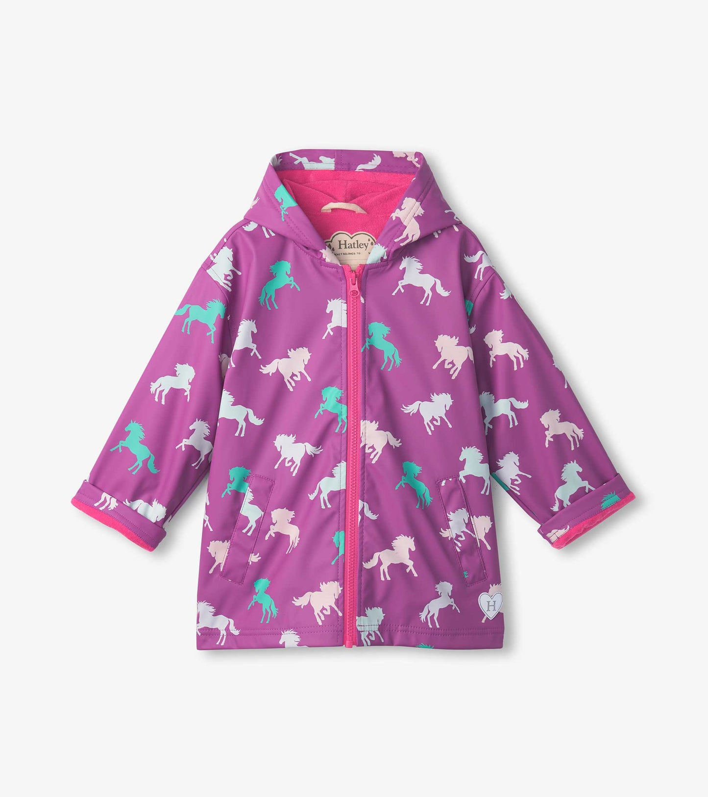 Purple zip-up rain jacket featuring colorful leaping horse patterns and a hood, suitable for girls.