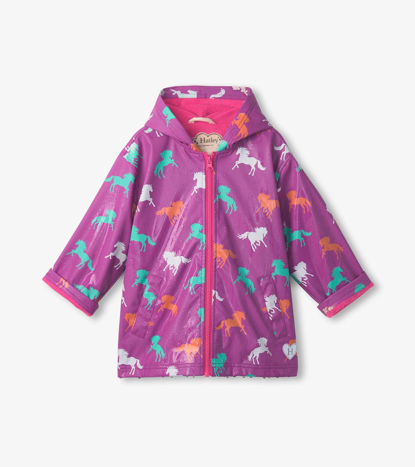 Purple zip-up rain jacket featuring colorful leaping horse patterns and a hood. Suitable for girls.