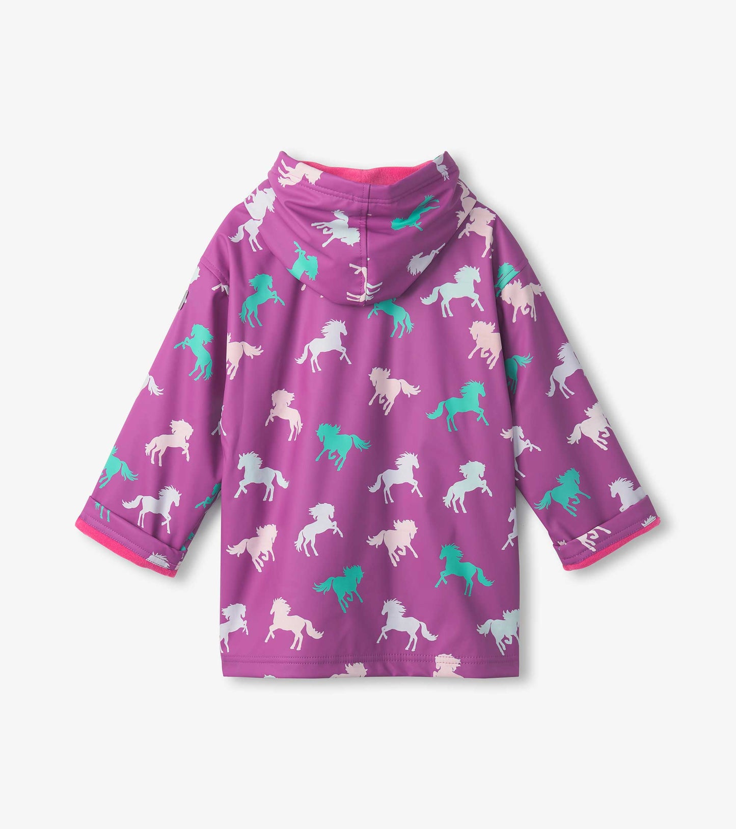 Purple zip-up rain jacket featuring colorful leaping horses pattern, with a hood and long sleeves.