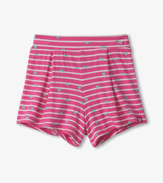 Pink striped shorts featuring small turquoise hearts, designed for baby and toddler girls.