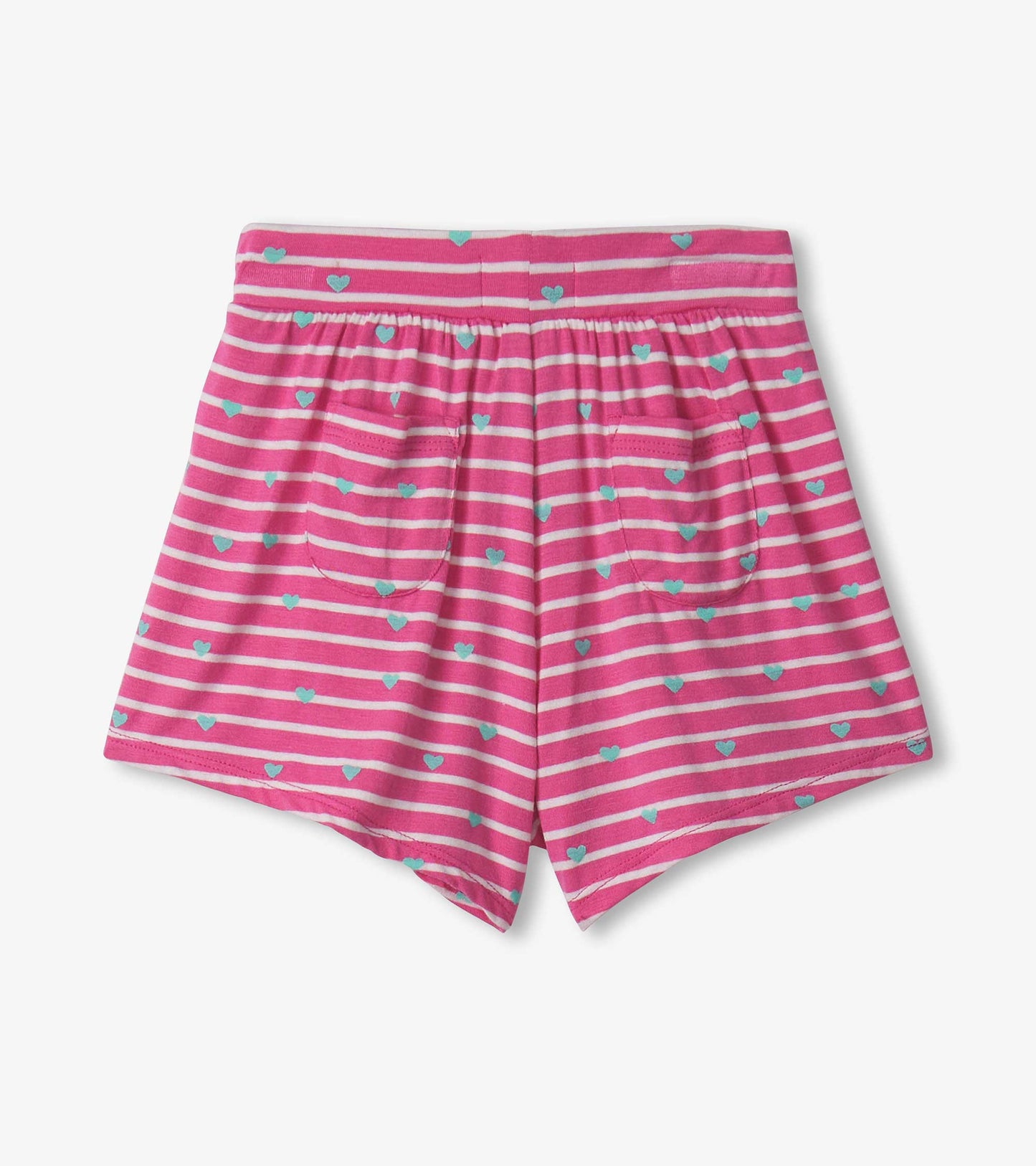 Pink striped shorts featuring small blue hearts and patch pockets, designed for baby and toddler girls.
