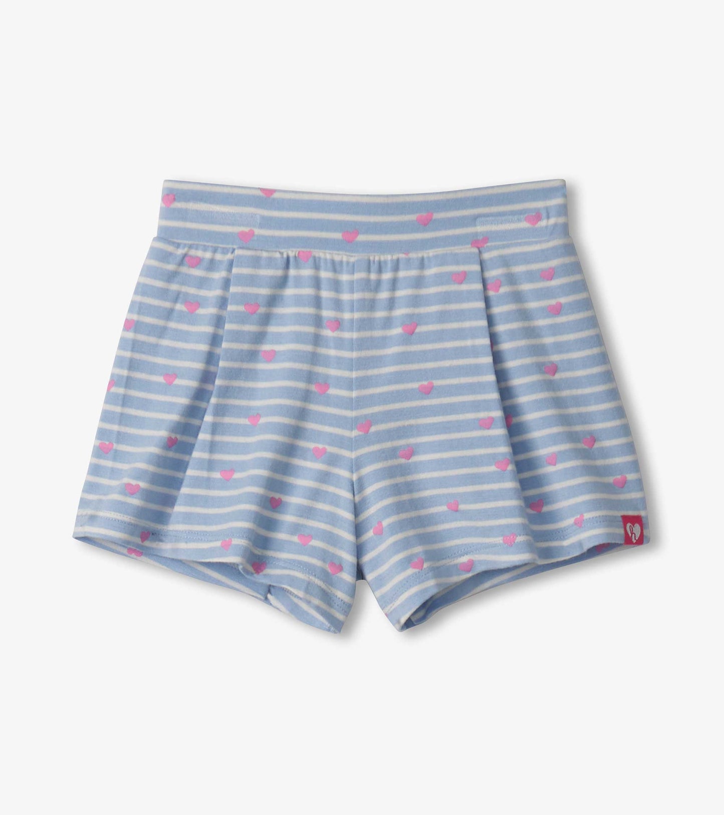 Blue striped shorts with pink heart patterns, featuring a comfortable elastic waistband and a relaxed fit.