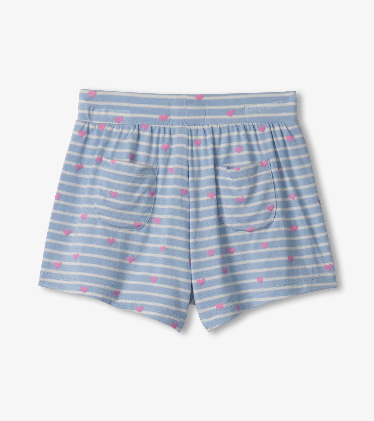 Blue striped shorts with pink heart patterns and two back pockets, designed for baby and toddler girls.