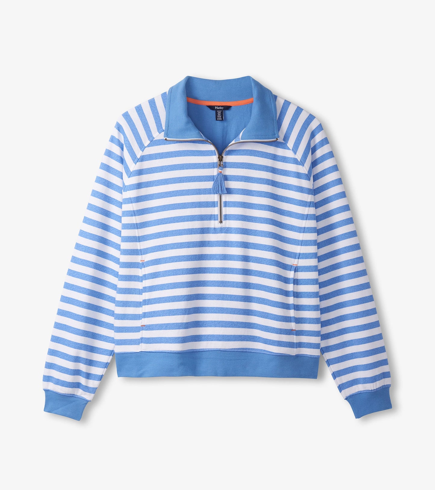 Light blue and white striped mock neck pullover with a zip front and ribbed cuffs, ideal for casual wear.